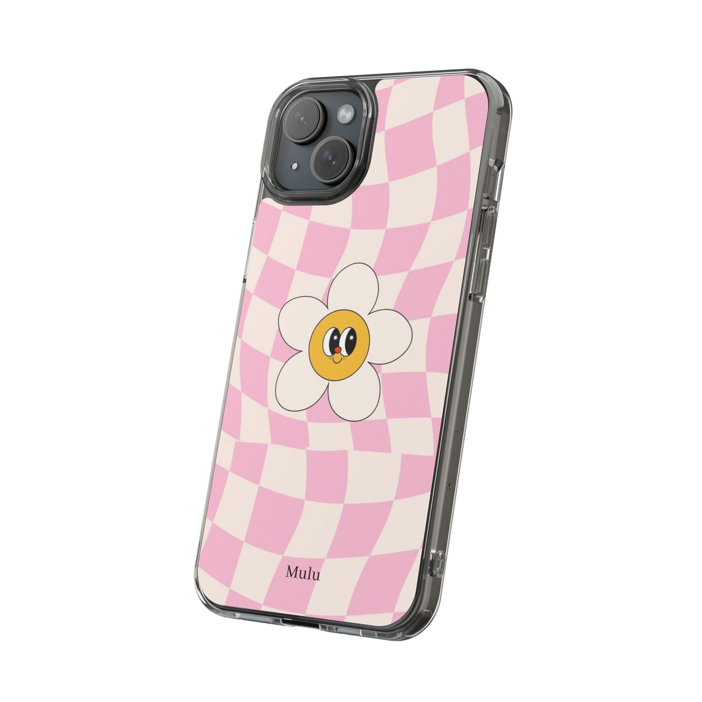 Clear Impact-Resistant Phone Case — Pink Checkerboard Daisy Design