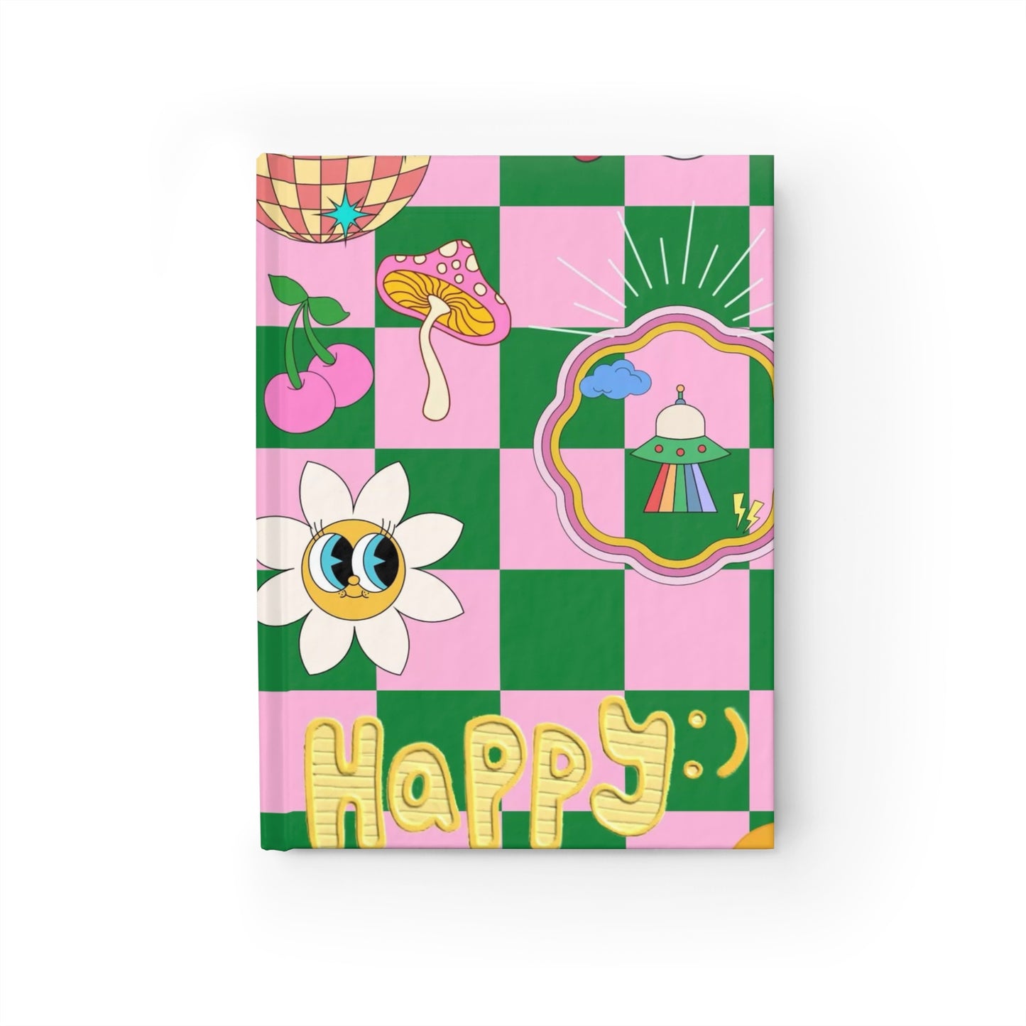 Happy Checkerboard Journal — Pink & Green Retro Doodle Ruled Notebook