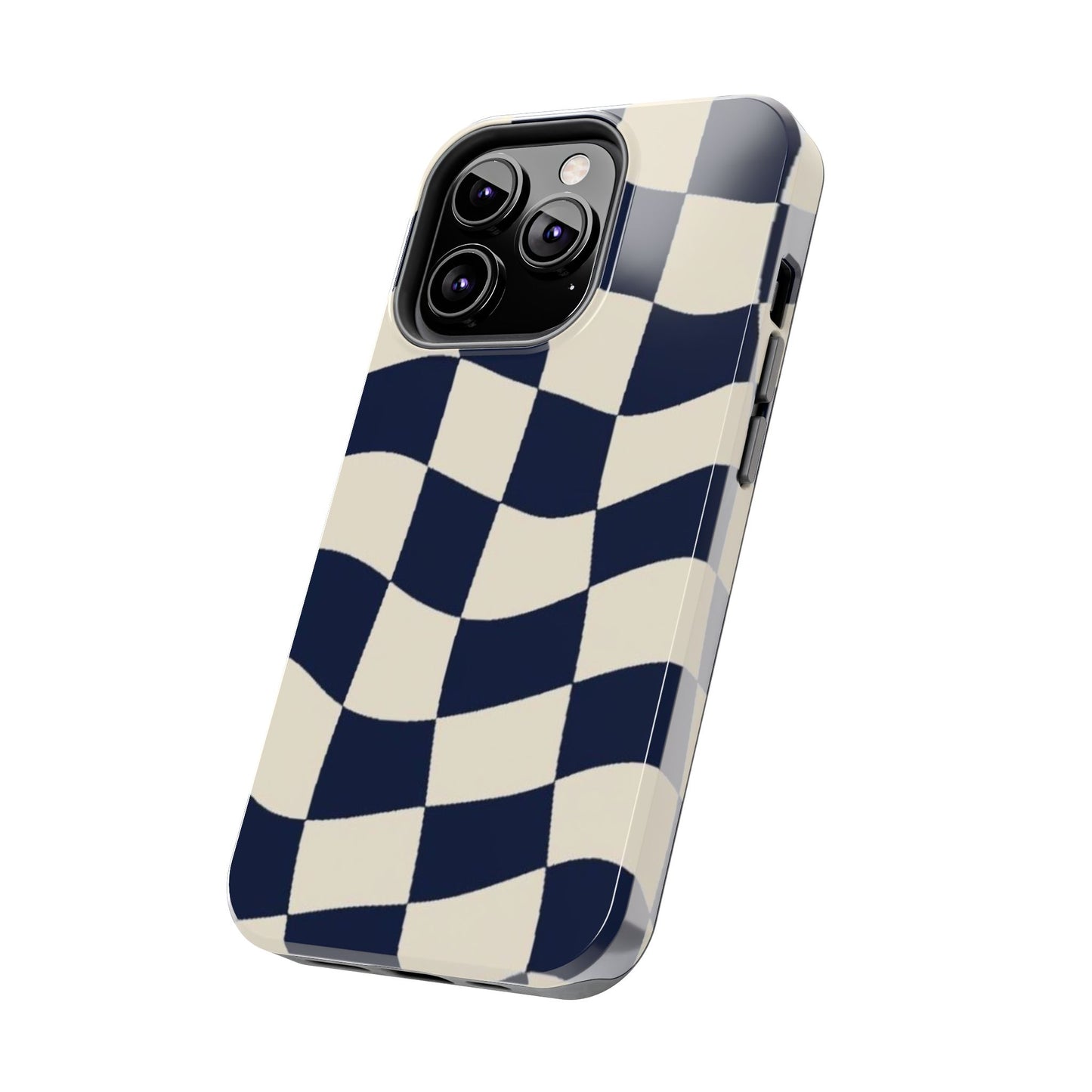 Wavy Checkerboard Tough Phone Case — Navy & Cream Protective Cover