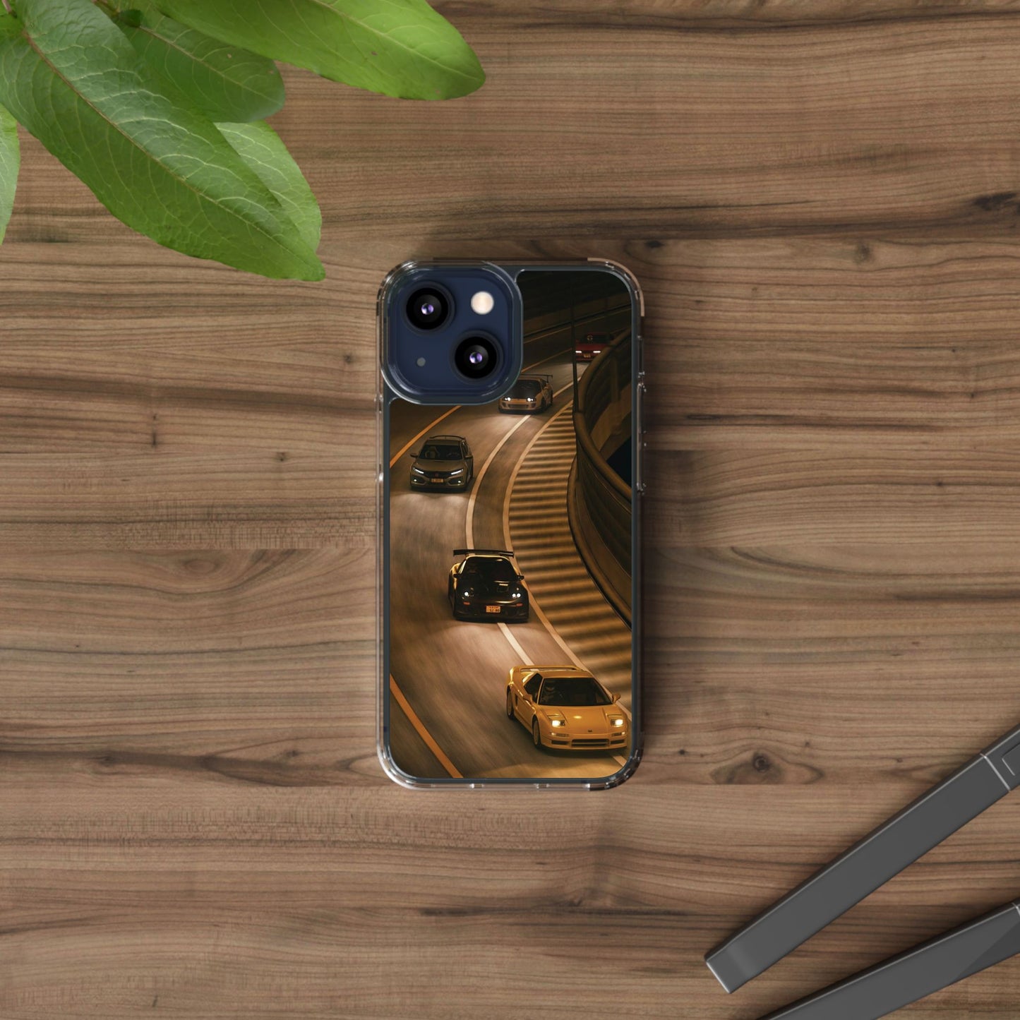 Racing Night Clear Phone Case – Sports Cars on Curved Highway