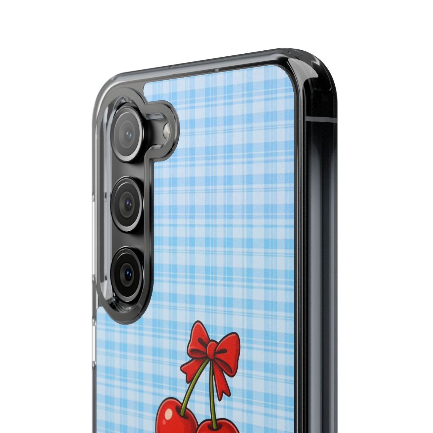 Clear Cherry Gingham Phone Case — Impact-Resistant Clear Case with Red Cherry Design