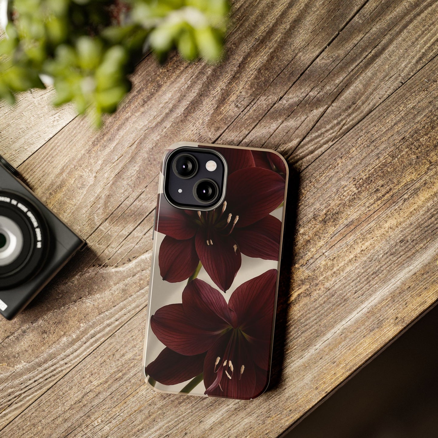 Amaryllis Noir Tough Phone Case — Dark Burgundy Floral Protective Cover