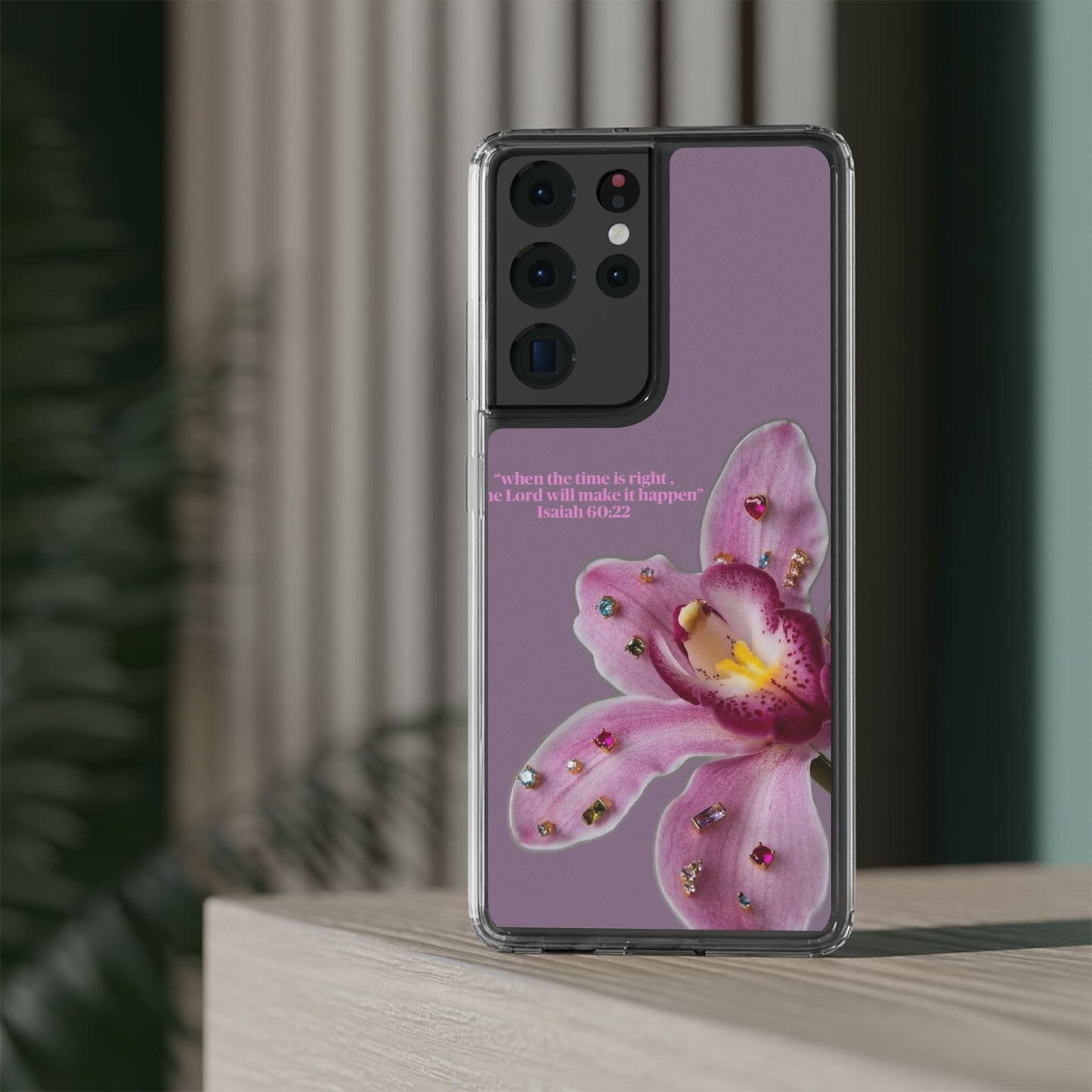 Clear Floral Impact-Resistant Phone Case — "When the time is right" Rose Orchid Design