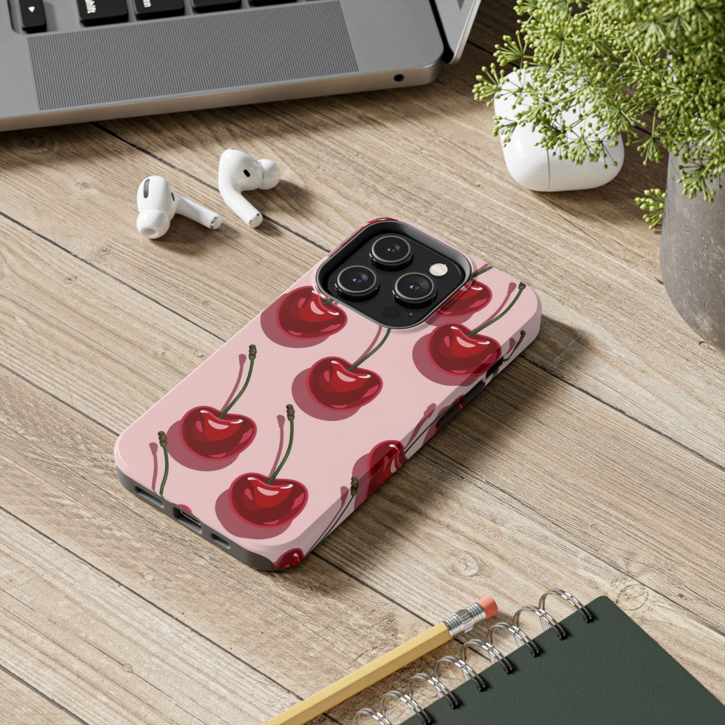 Cherry Pattern Tough Phone Case — Retro Pink Cherry Print Protective Phone Case