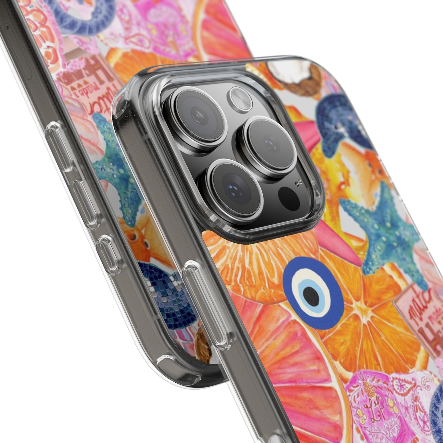 Clear Impact-Resistant Phone Case — Colorful Tropical Collage Design