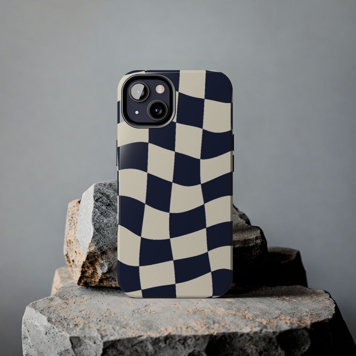 Wavy Checkerboard Tough Phone Case — Navy & Cream Protective Cover