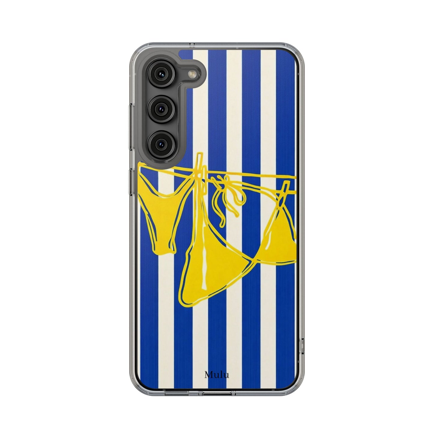 Striped Beach Bikini Phone Case — Yellow Swimwear on Blue & White Stripes, Clear Impact-Resistant