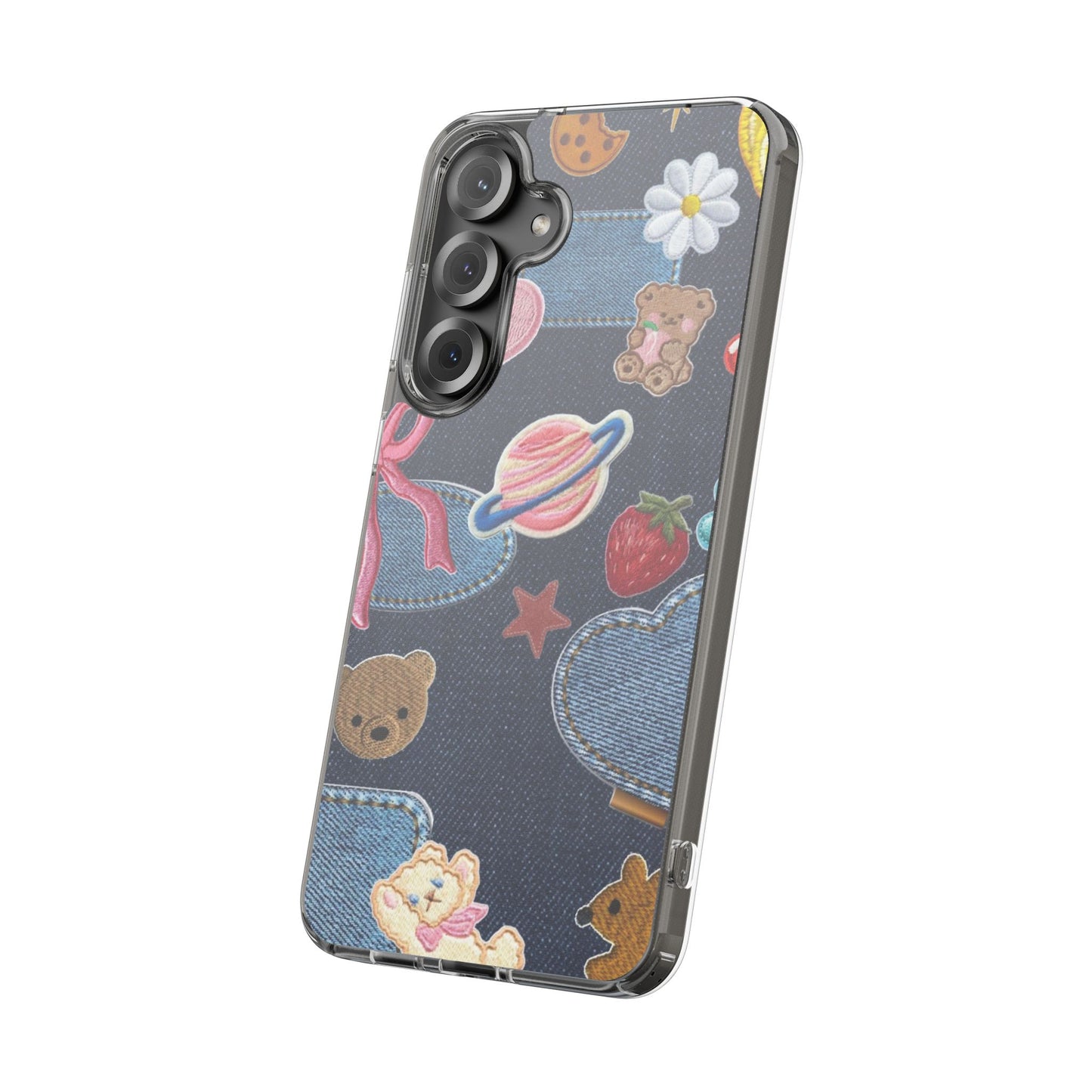 Clear Impact-Resistant Phone Case — Cute Denim Patch Collage (Teddy, Strawberry, Planet)