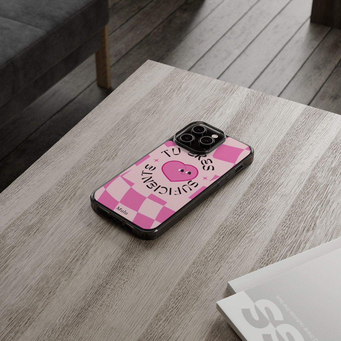 Clear Impact-Resistant Phone Case — Pink Checkerheart “Tu Eres Suficiente” Design