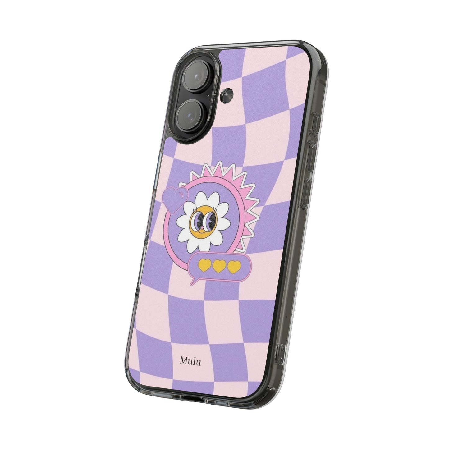 Clear Impact-Resistant Case — Cute Purple Checkerboard Dino with 'Mulu'