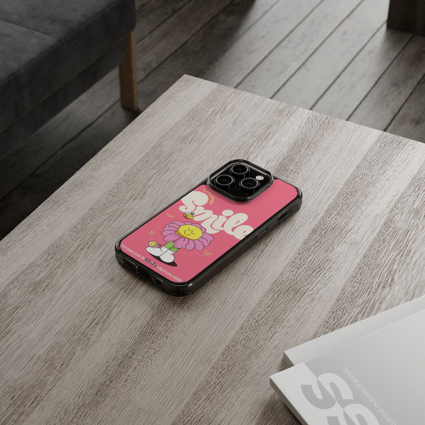 Clear Impact-Resistant Phone Case — Pink 'Smile' Flower Design