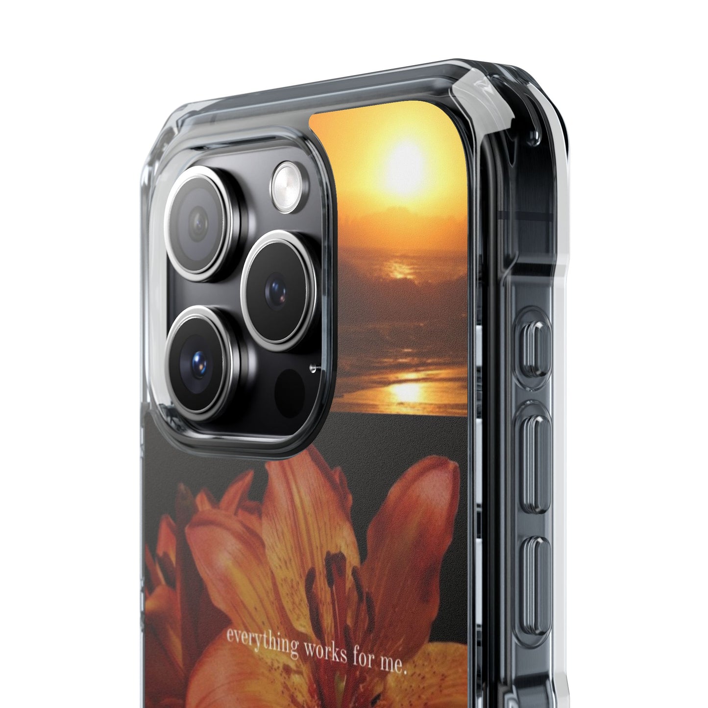 Clear Magnetic Phone Case — Sunset Lily Design ("anything waits for you")