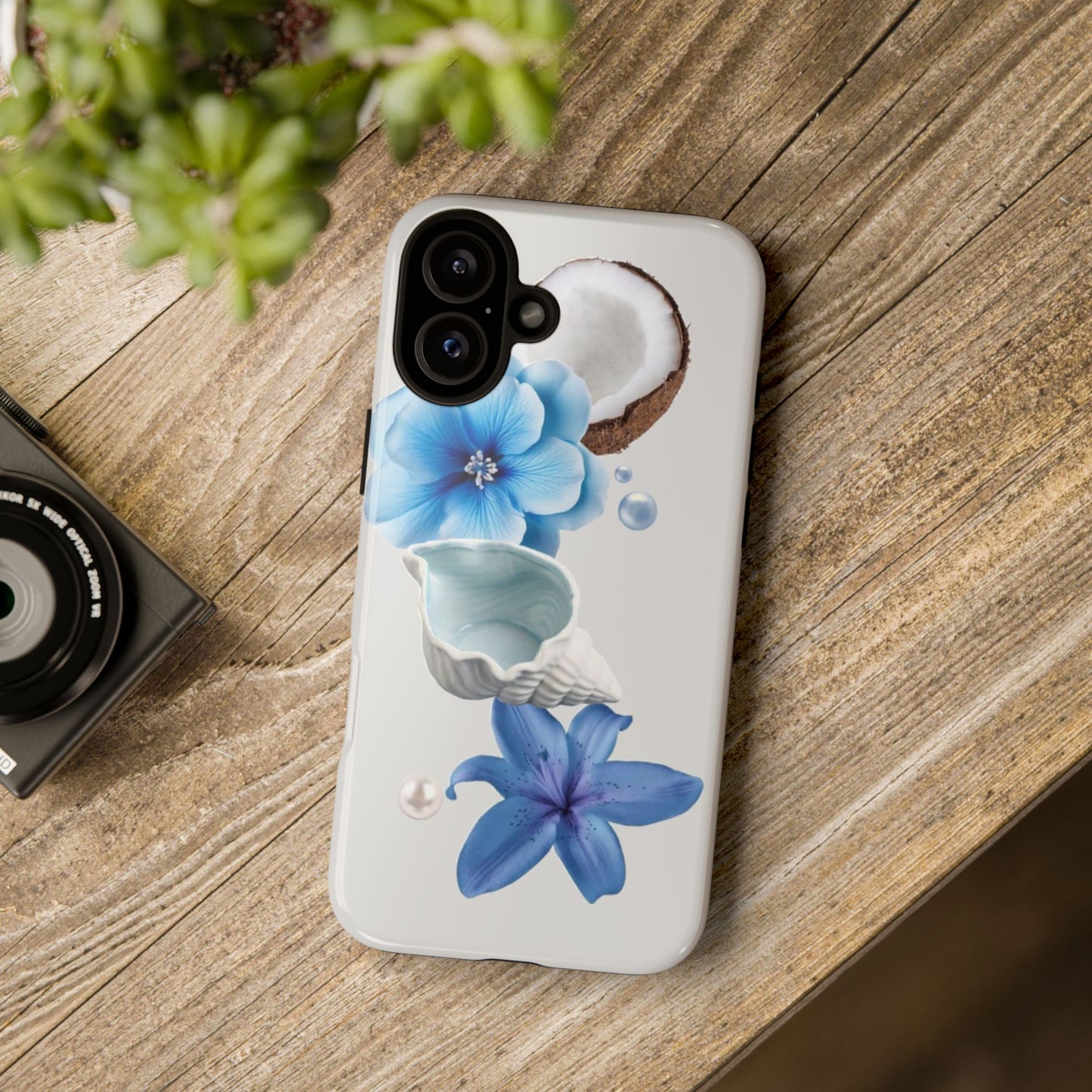 Tropical Blue Floral Phone Case — Coconut, Shell & Starfish Design