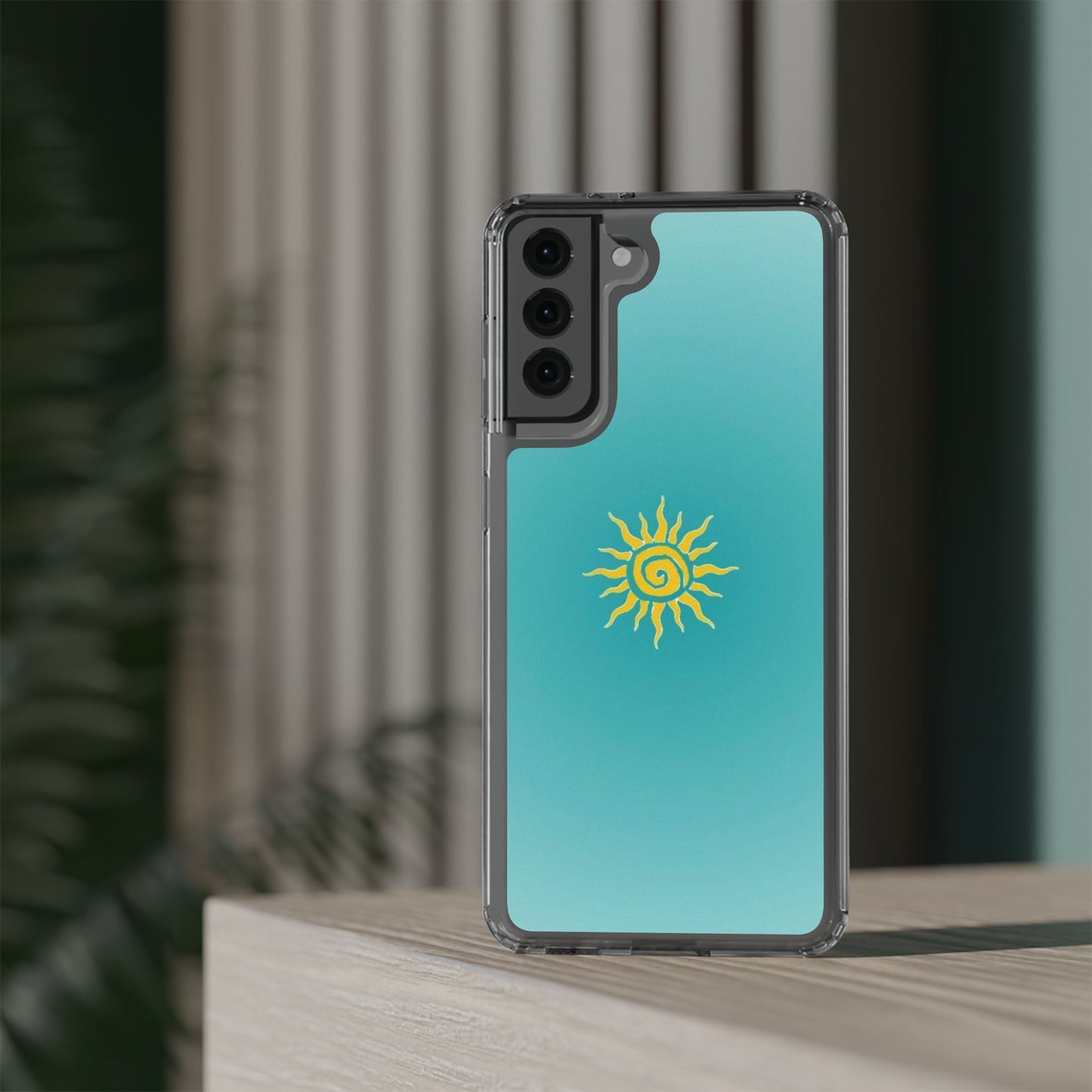 Clear Impact-Resistant Phone Case — Yellow Sun on Teal Gradient