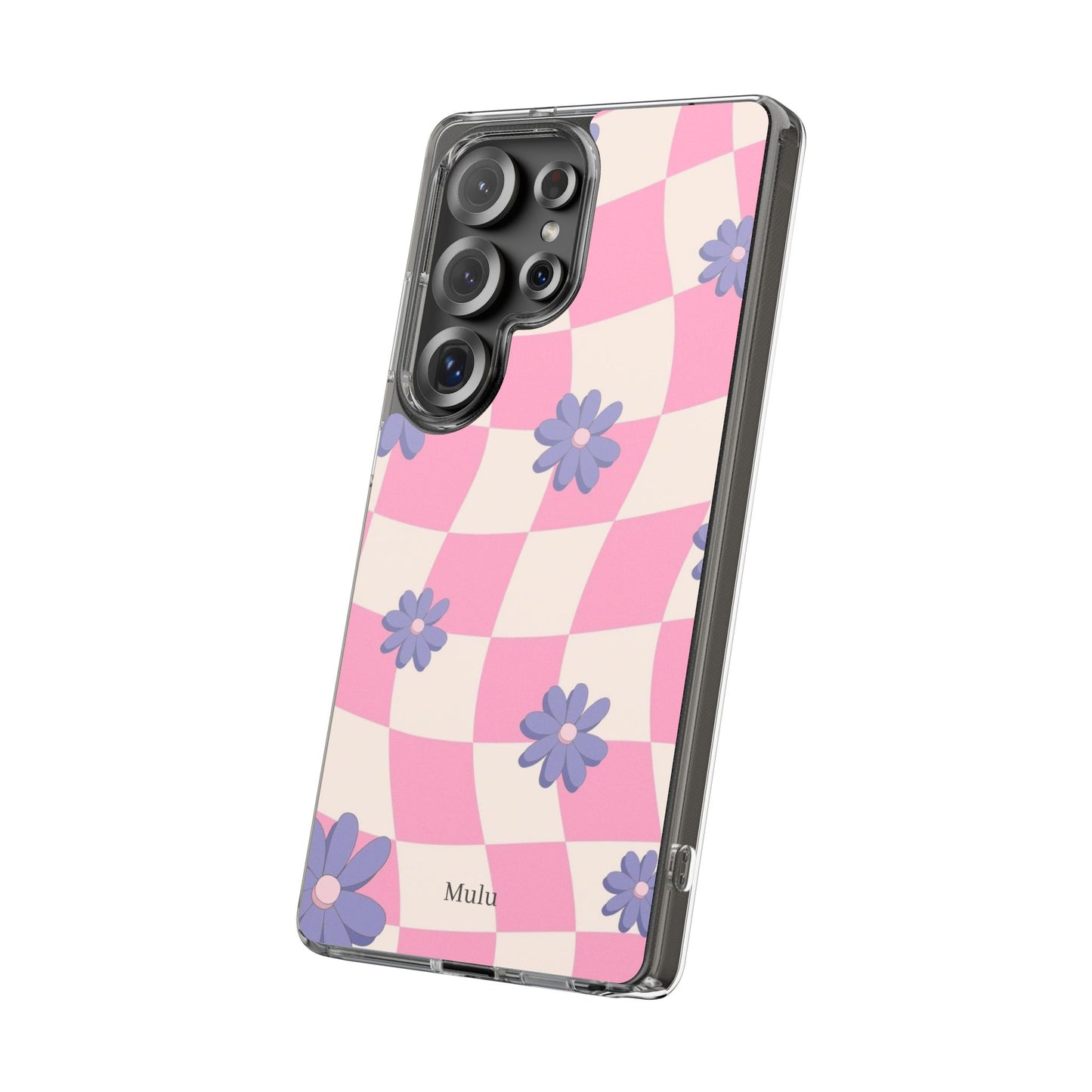 Clear Impact Phone Case — Pink Checkerboard with Purple Flowers
