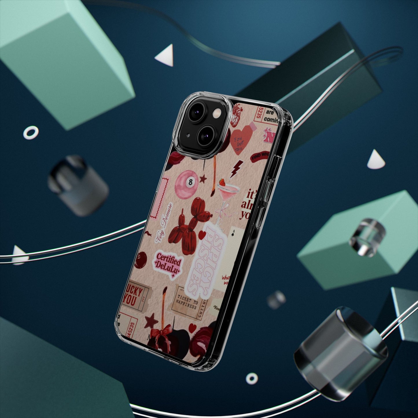 Clear Impact-Resistant Phone Case — Retro Cherry & Sticker Collage
