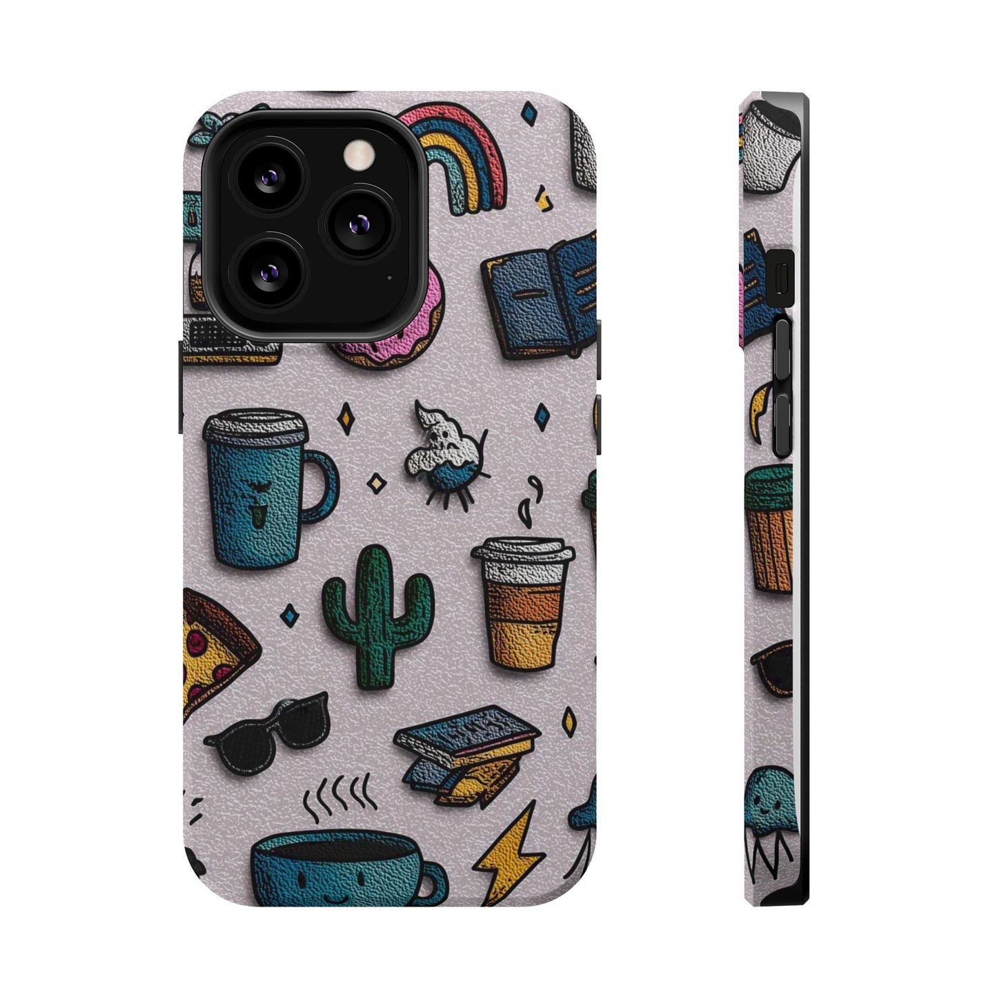 Cute Doodle Phone Case — Magnetic Impact-Resistant Design (coffee, rainbow, cactus)