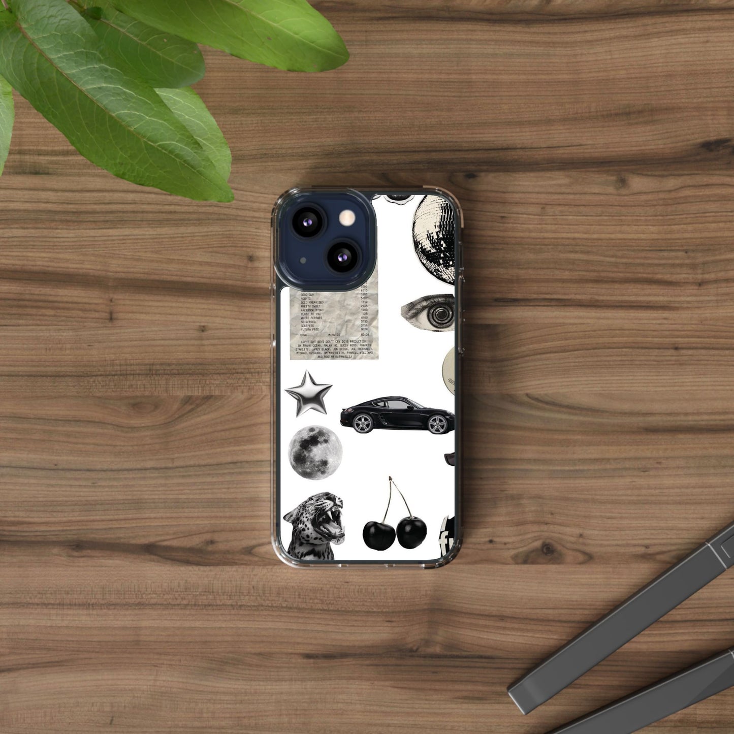Clear Phone Case — Vintage Collage Stickers (Moon, Eye, Car, Cherries)