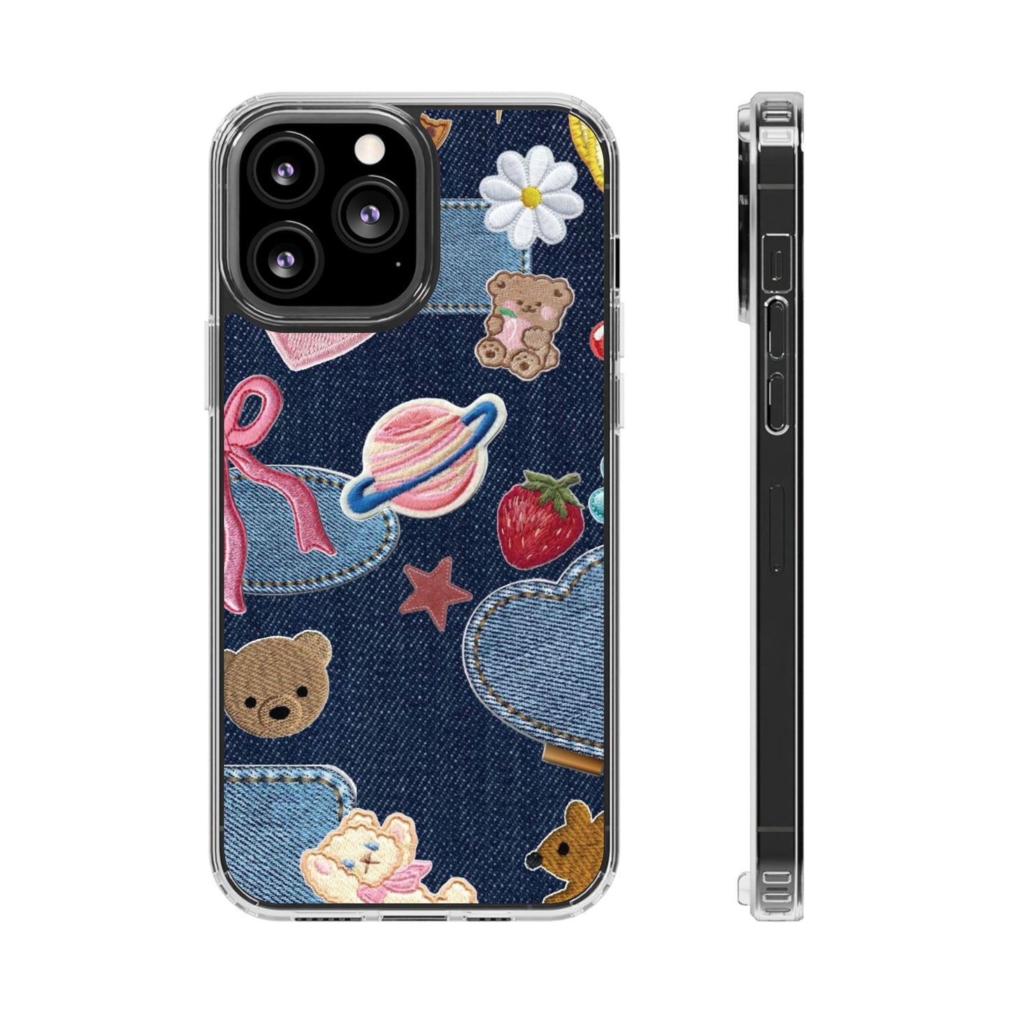 Clear Impact-Resistant Phone Case — Cute Denim Patch Collage (Teddy, Strawberry, Planet)