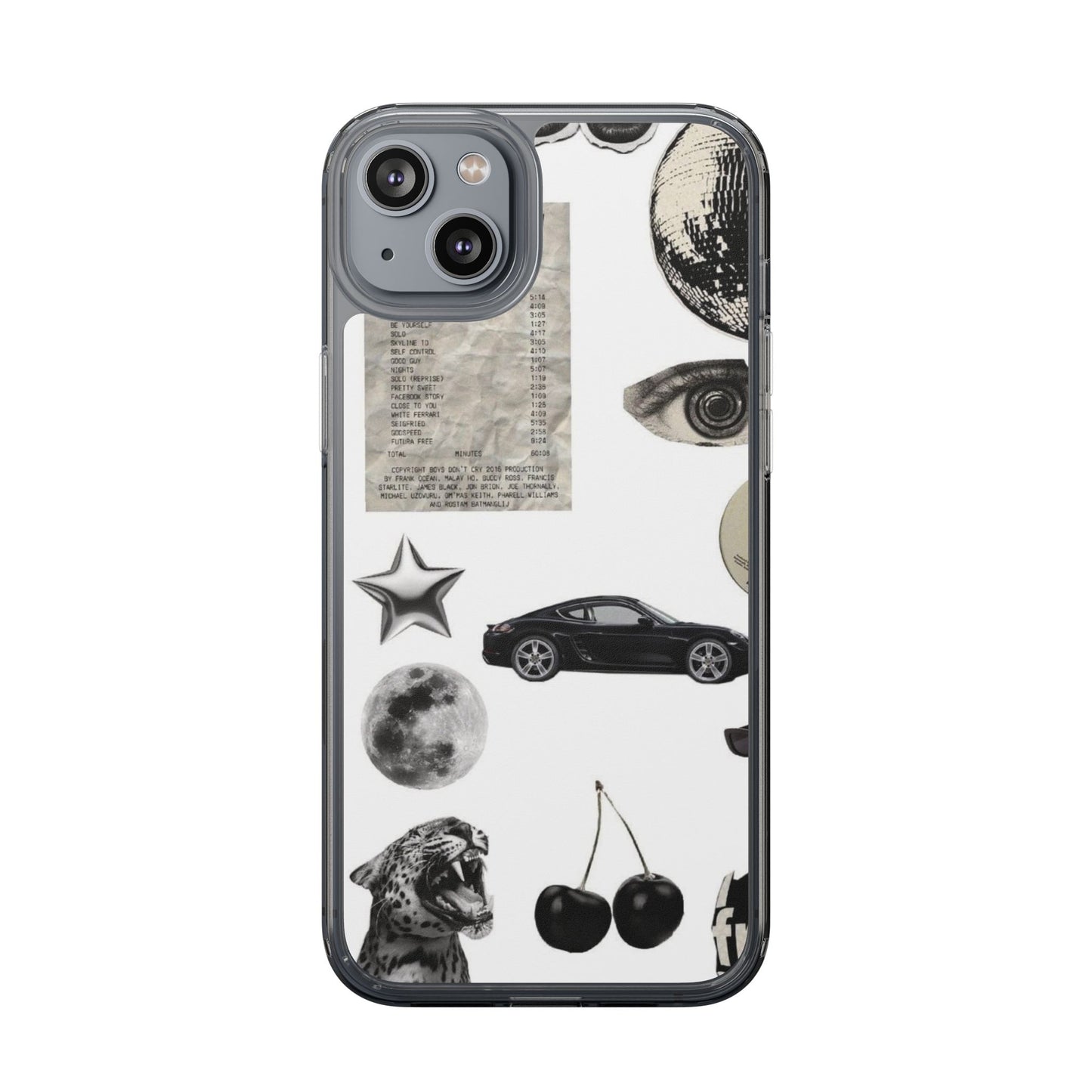 Clear Phone Case — Vintage Collage Stickers (Moon, Eye, Car, Cherries)