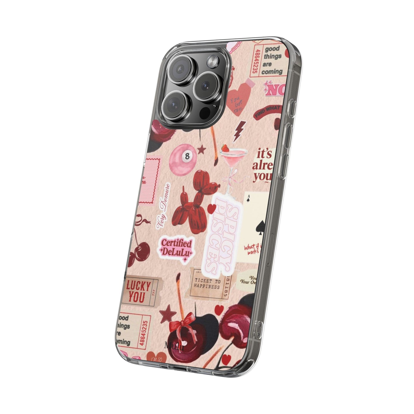 Clear Impact-Resistant Phone Case — Retro Cherry & Sticker Collage