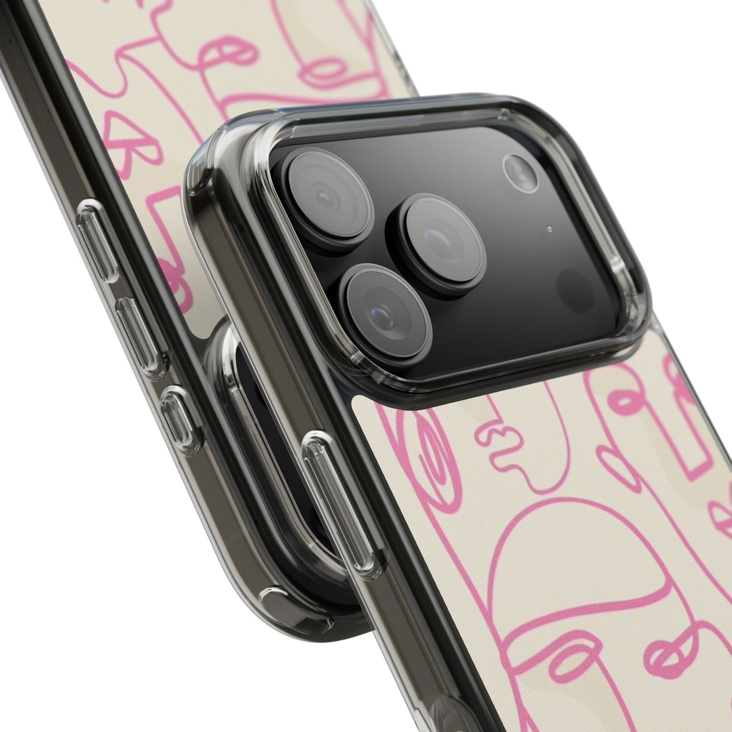 Clear Impact-Resistant Phone Case — Pink Minimalist Line Faces Design