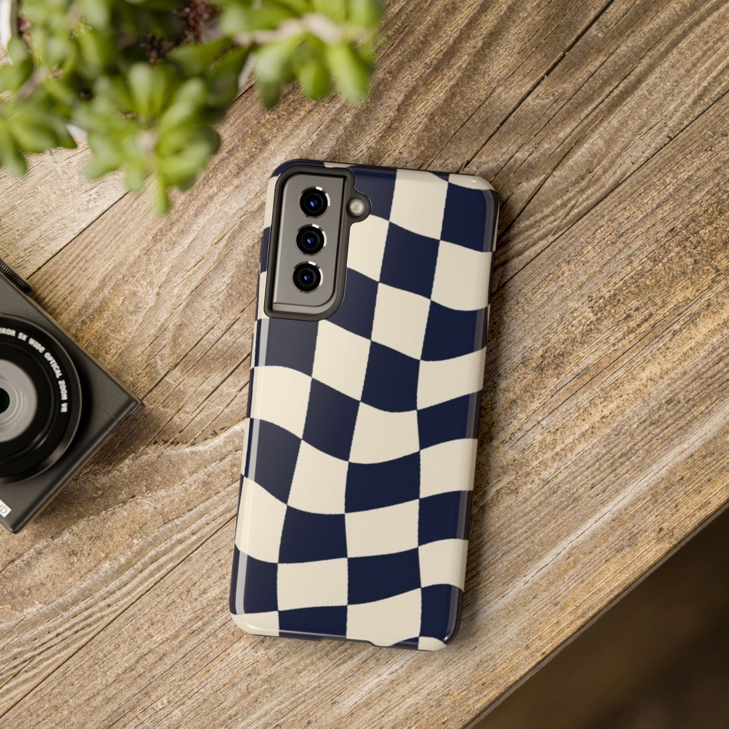 Wavy Checkerboard Tough Phone Case — Navy & Cream Protective Cover