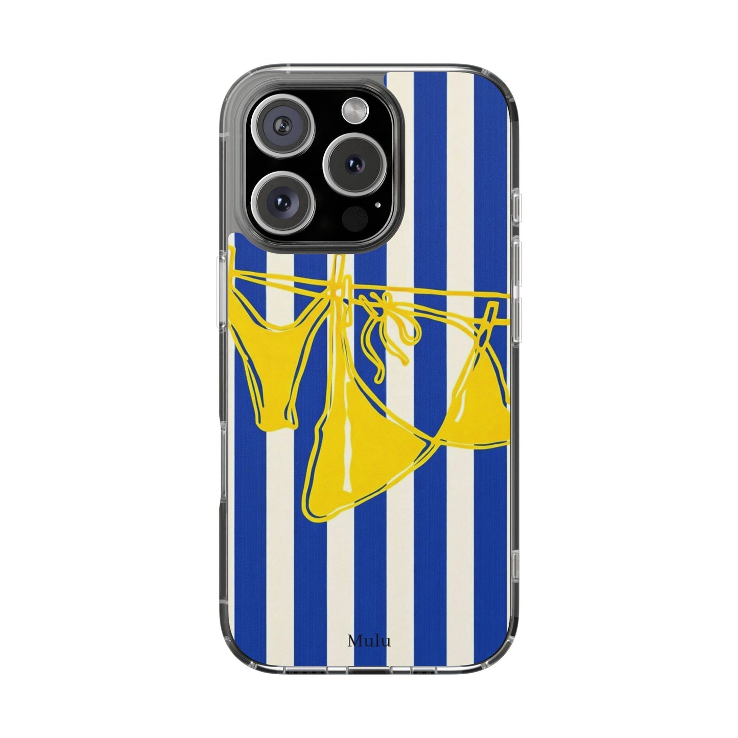 Striped Beach Bikini Phone Case — Yellow Swimwear on Blue & White Stripes, Clear Impact-Resistant