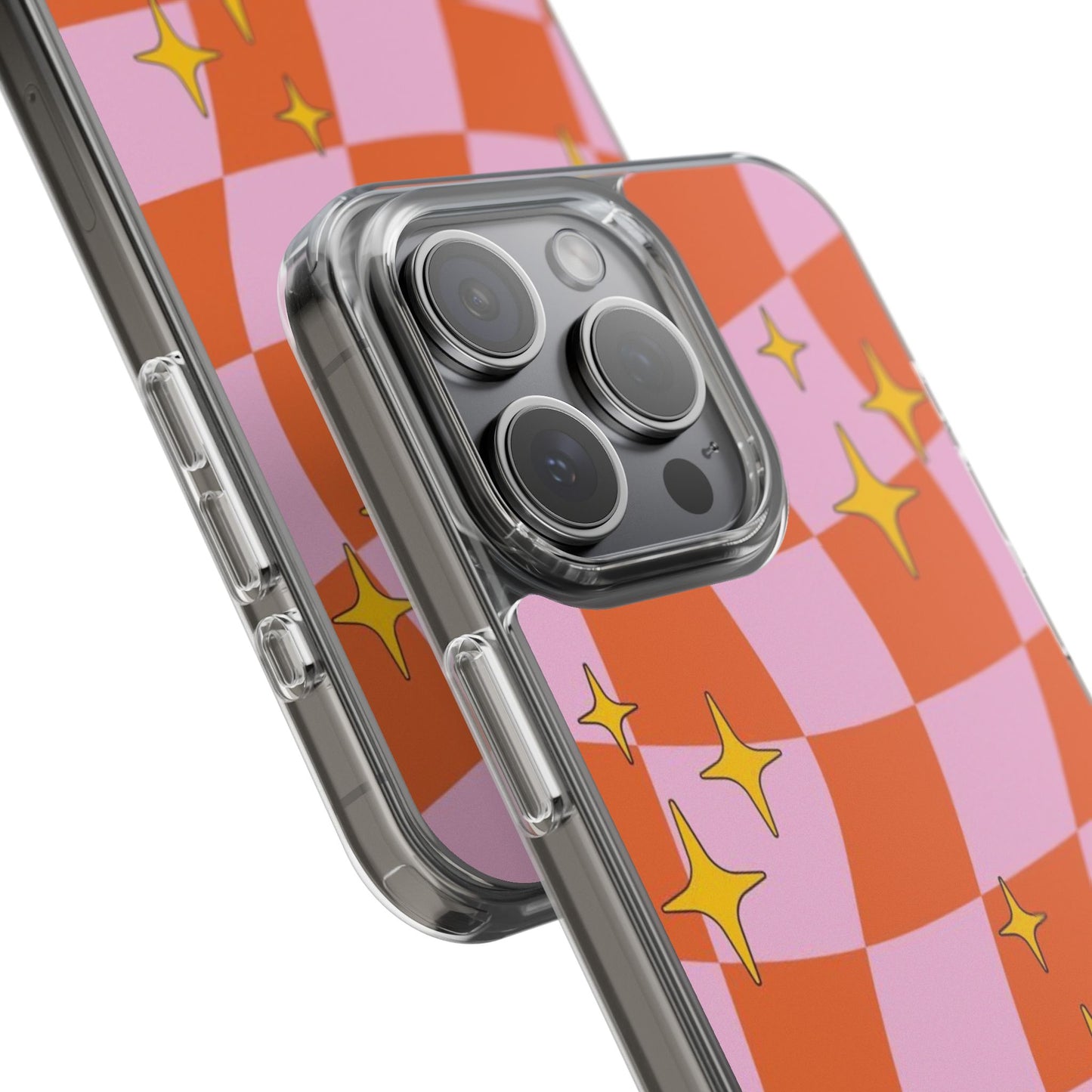 Clear Impact-Resistant Case — Retro Pink & Orange Checker with Sparkle Stars