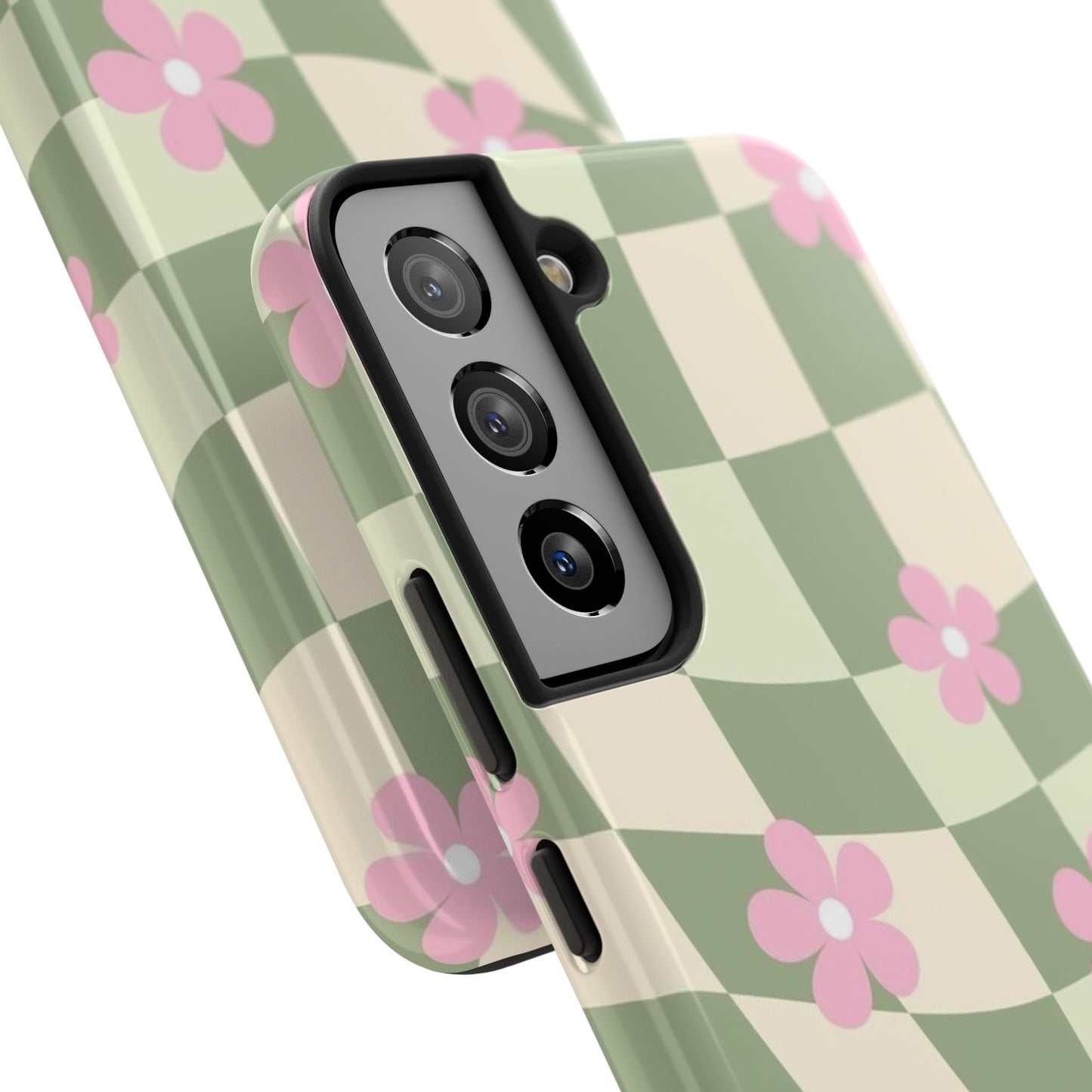 Tough Phone Case — Retro Green Checkerboard with Pink Flowers
