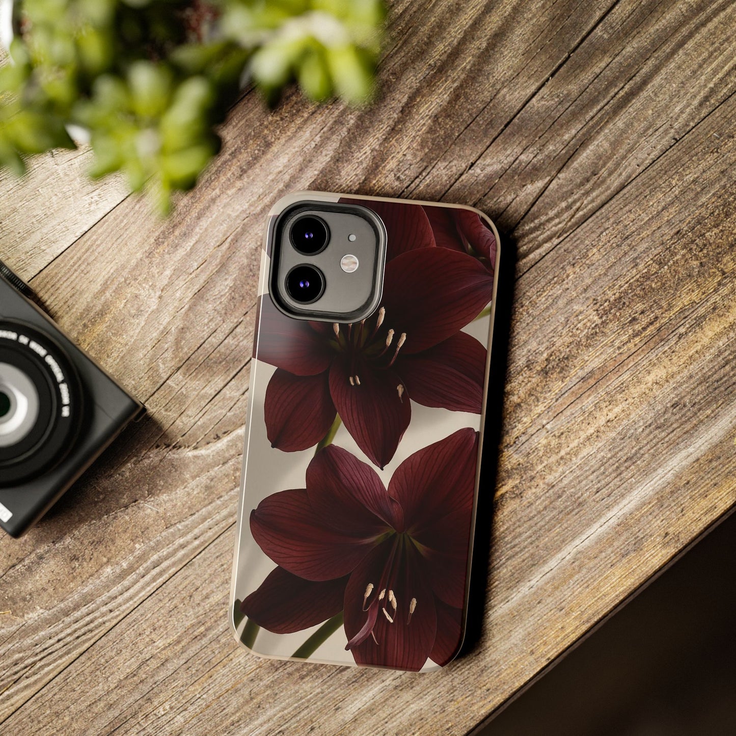 Amaryllis Noir Tough Phone Case — Dark Burgundy Floral Protective Cover