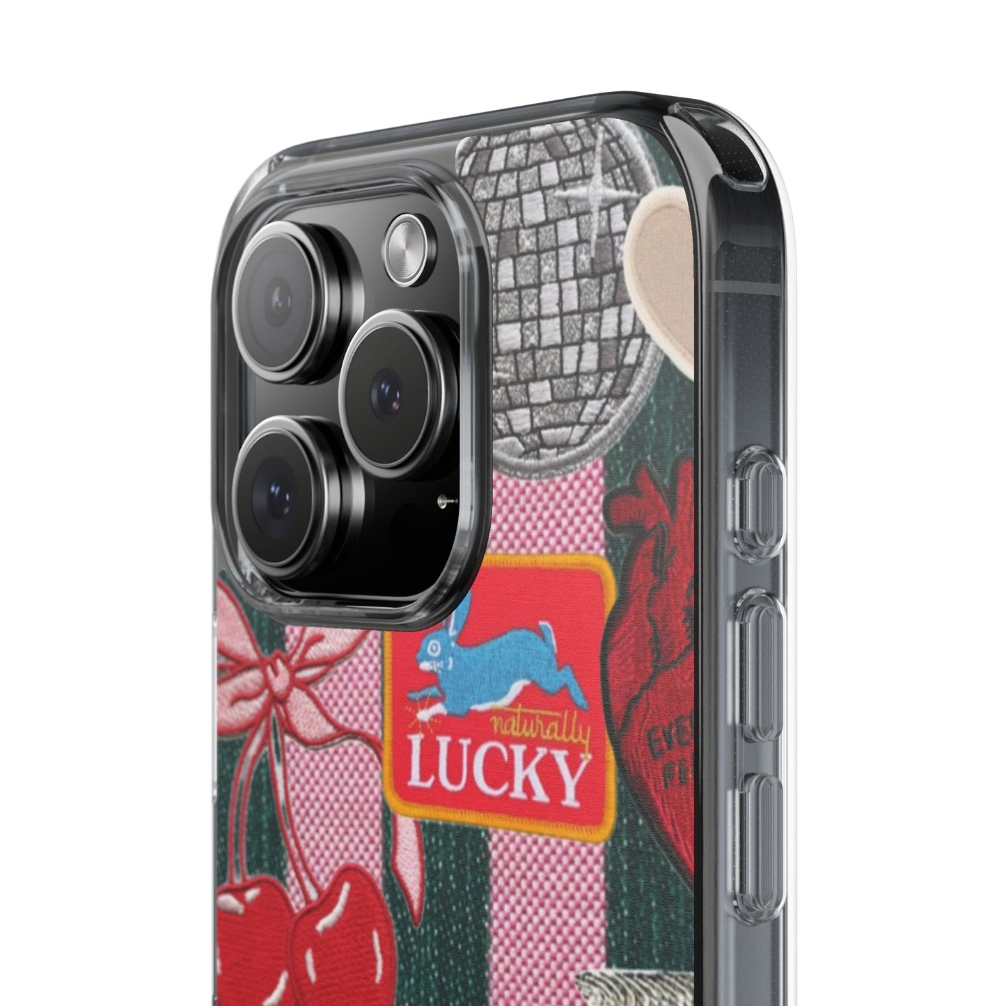 Clear Impact-Resistant Phone Case — Retro Patchwork Stickers (Lucky, Cherries, Silly Goose)