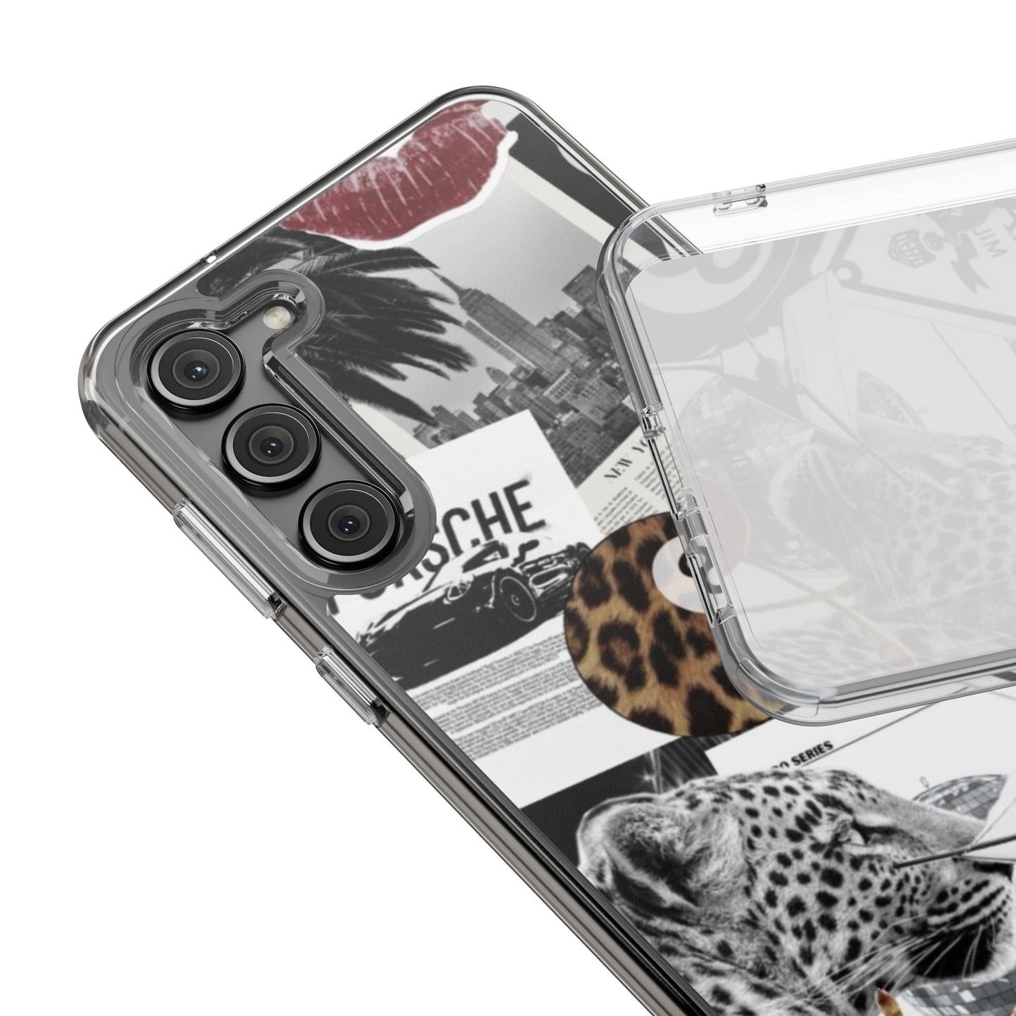 Clear Impact-Resistant Phone Case — Collage Luxury Leopard & Vintage Car Design