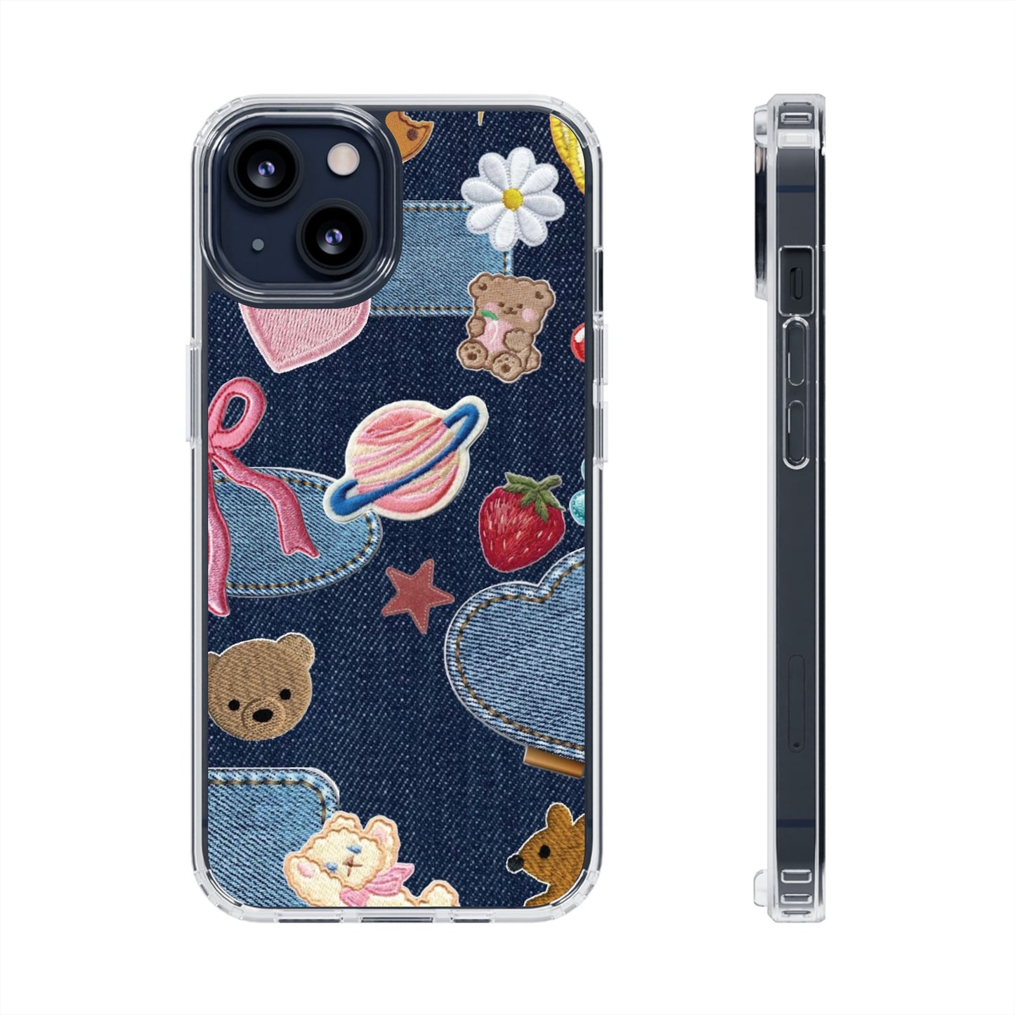 Clear Impact-Resistant Phone Case — Cute Denim Patch Collage (Teddy, Strawberry, Planet)