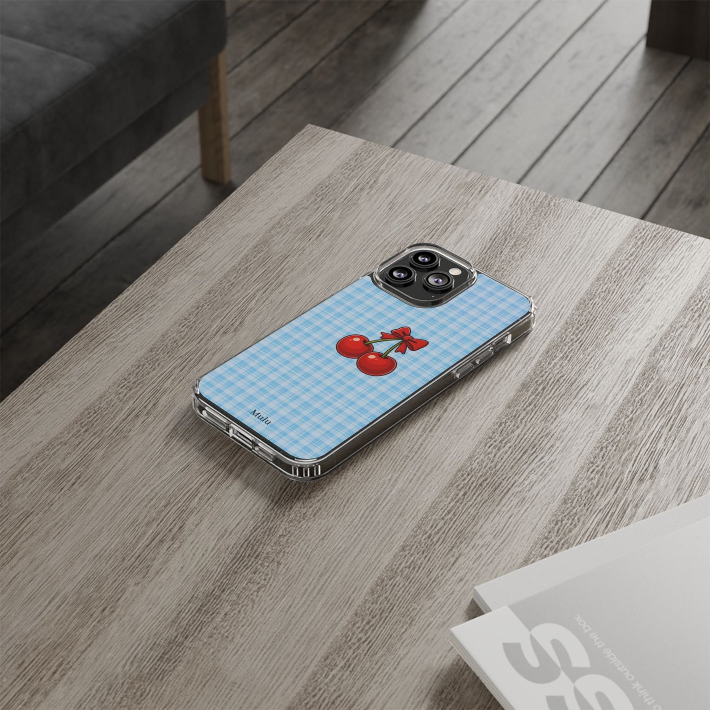 Clear Cherry Gingham Phone Case — Impact-Resistant Clear Case with Red Cherry Design