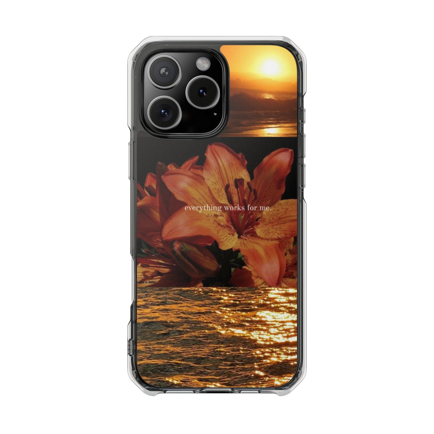 Clear Magnetic Phone Case — Sunset Lily Design ("anything waits for you")
