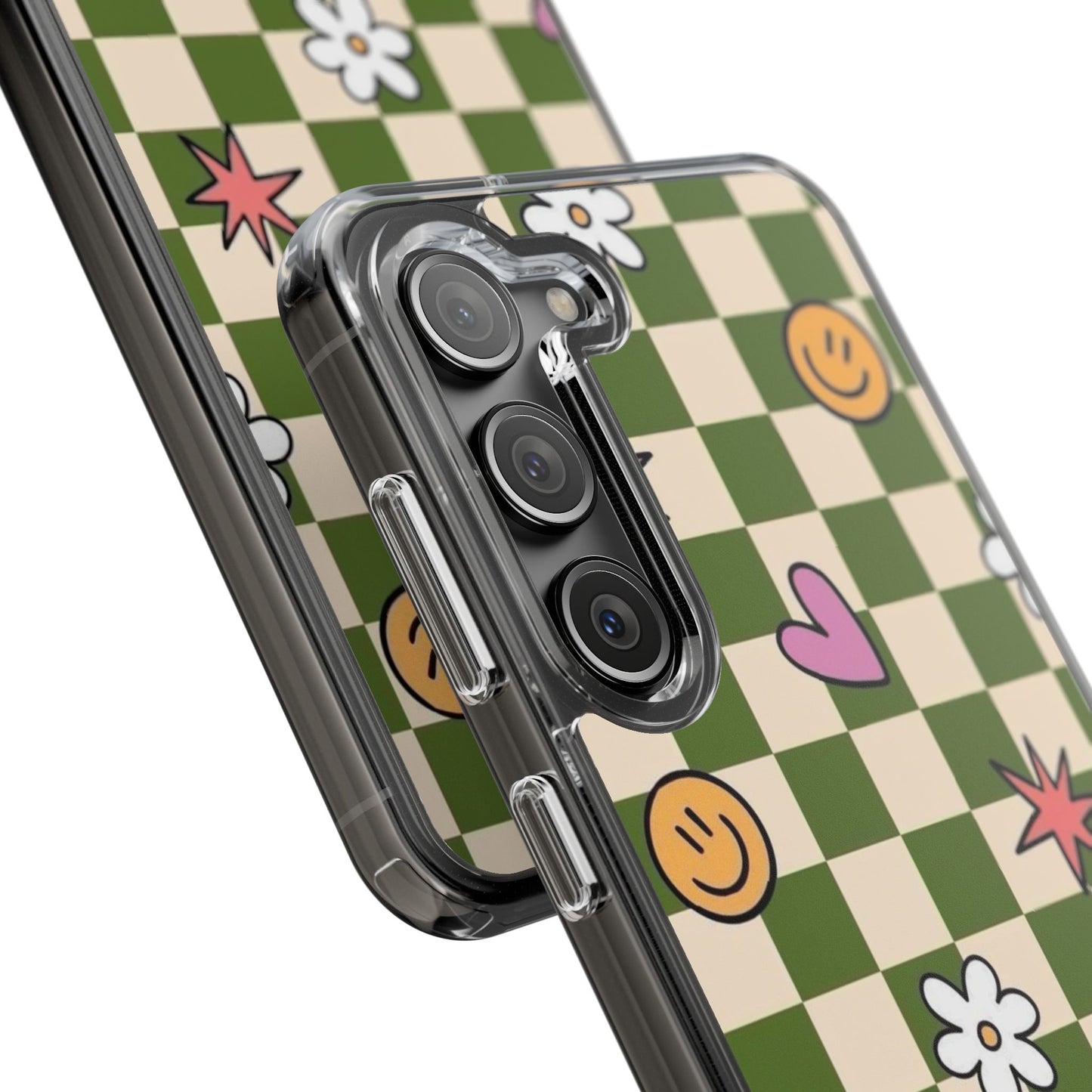 Clear Impact-Resistant Case — Retro Green Checkerboard with Smiley, Hearts & Flowers