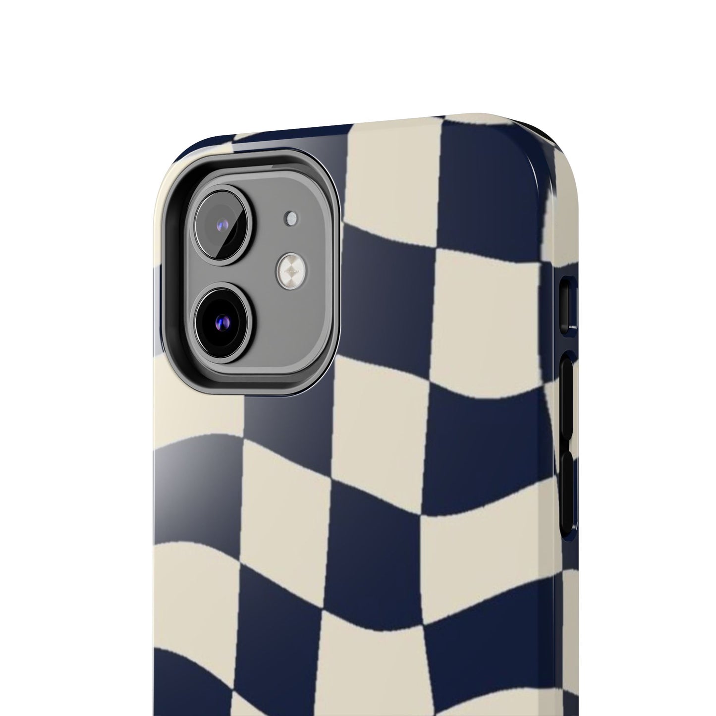 Wavy Checkerboard Tough Phone Case — Navy & Cream Protective Cover
