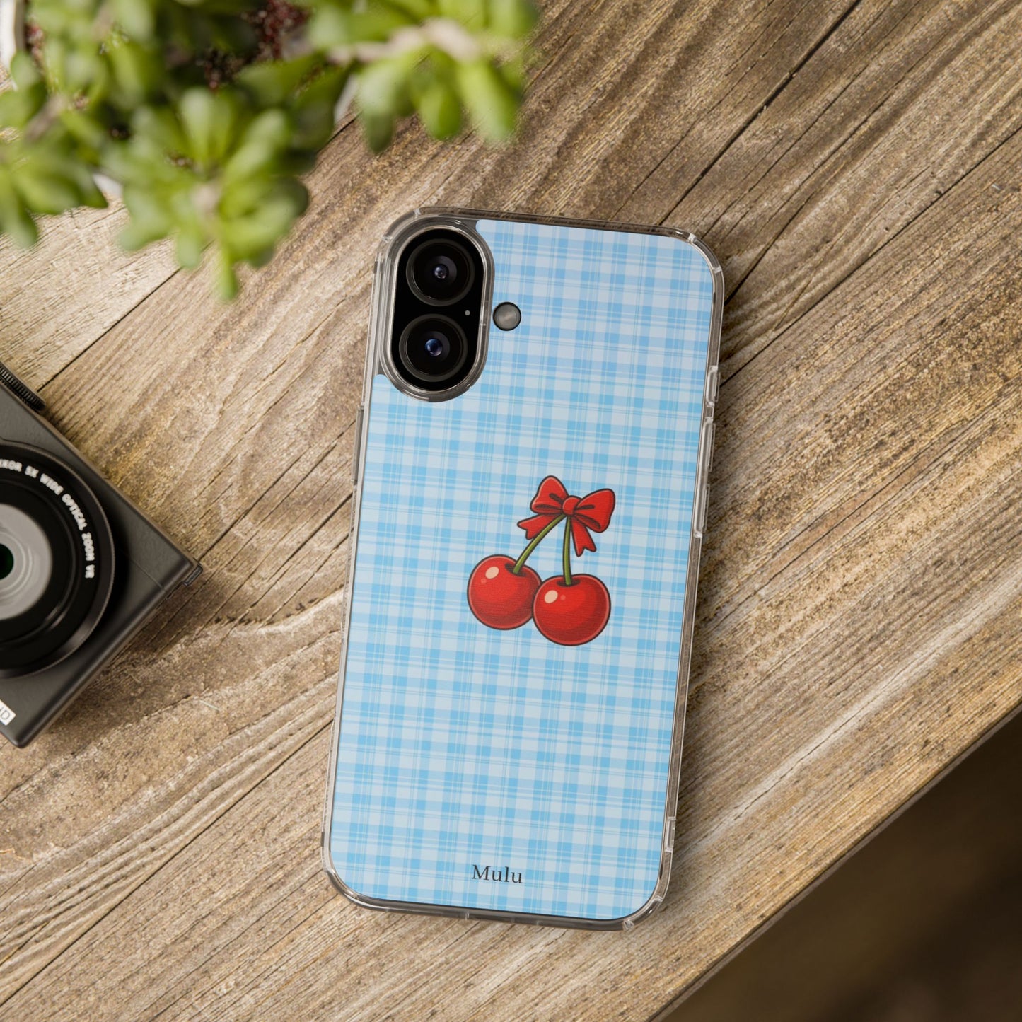 Clear Cherry Gingham Phone Case — Impact-Resistant Clear Case with Red Cherry Design