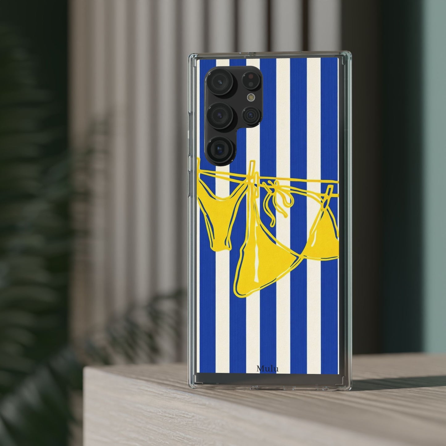 Striped Beach Bikini Phone Case — Yellow Swimwear on Blue & White Stripes, Clear Impact-Resistant