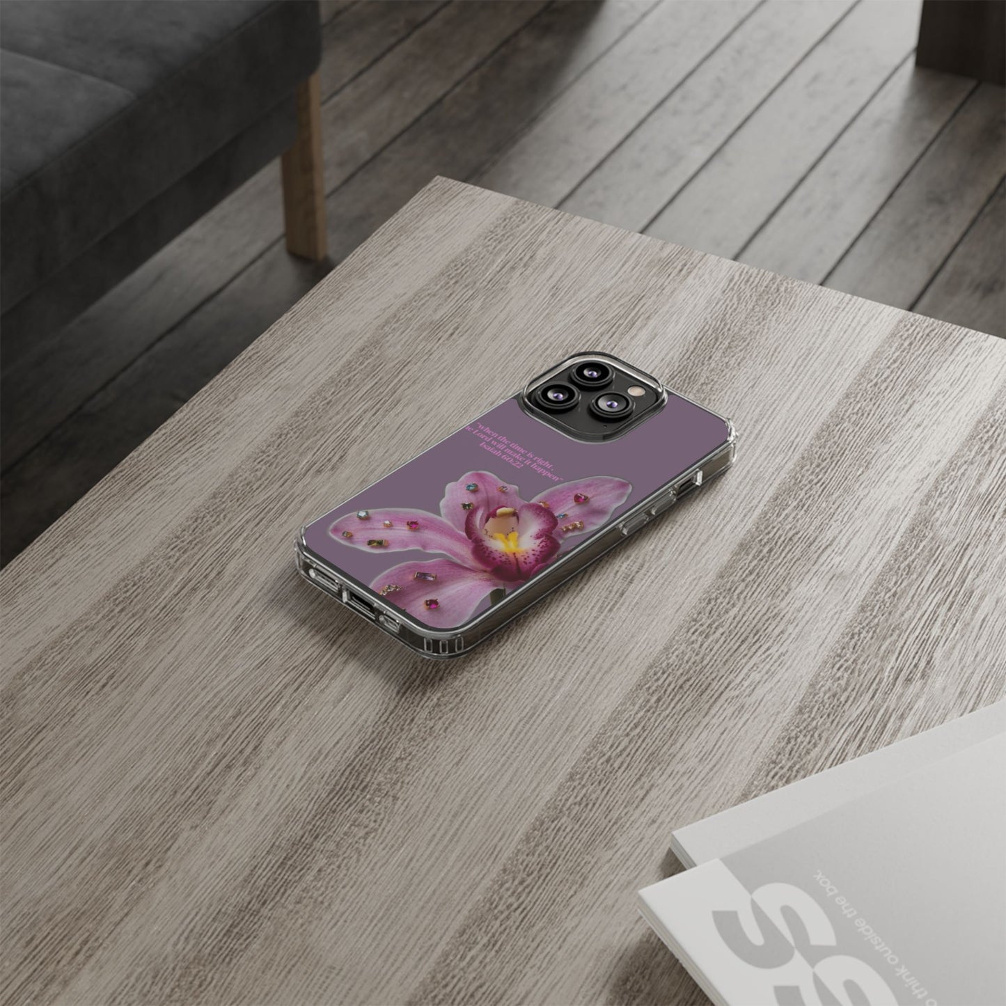 Clear Floral Impact-Resistant Phone Case — "When the time is right" Rose Orchid Design