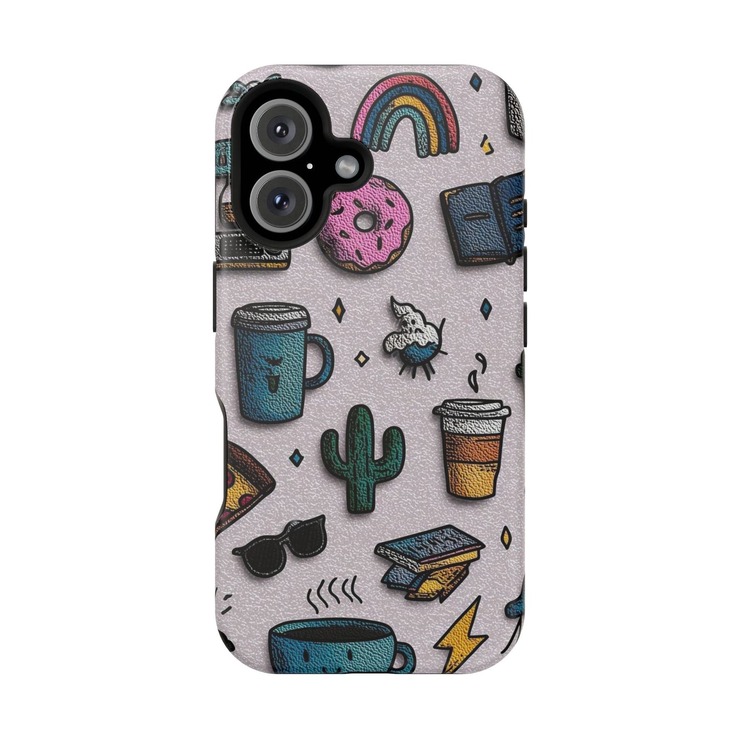 Cute Doodle Phone Case — Magnetic Impact-Resistant Design (coffee, rainbow, cactus)