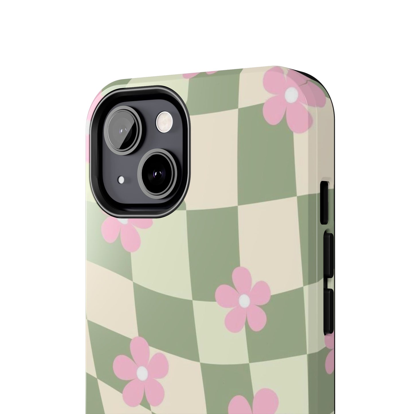 Tough Phone Case — Retro Green Checkerboard with Pink Flowers