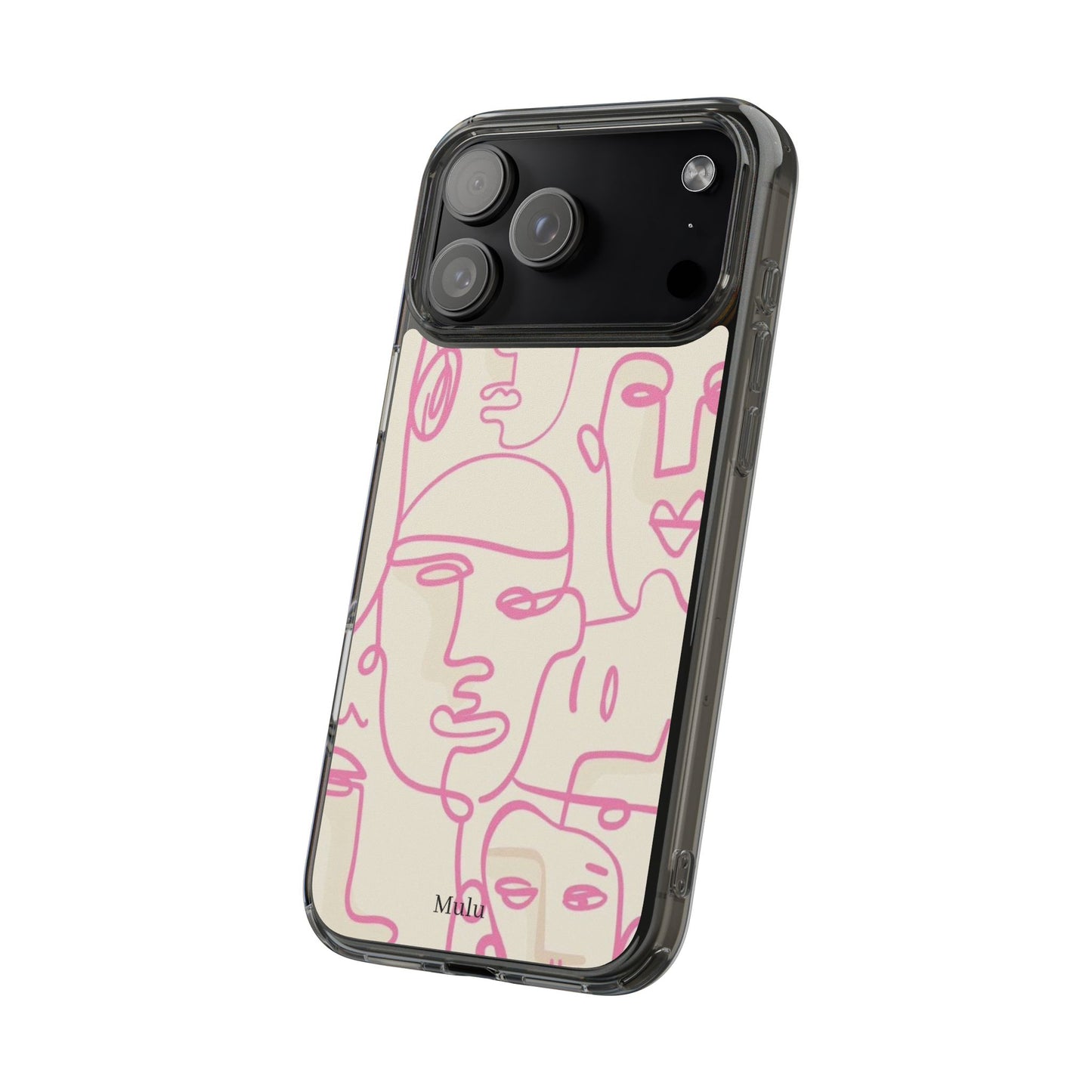 Clear Impact-Resistant Phone Case — Pink Minimalist Line Faces Design