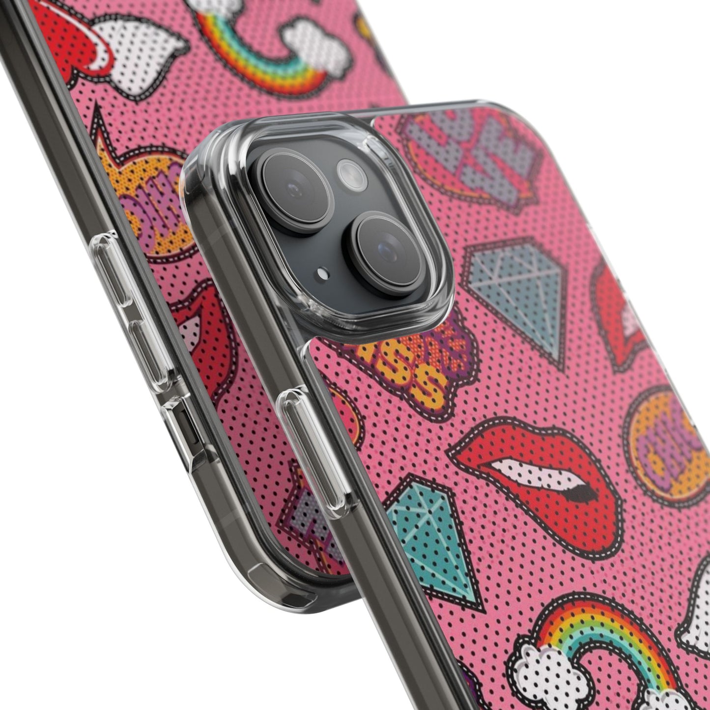 Clear Impact-Resistant Phone Case — Pink Pop Sticker Pattern (Hearts, Rainbows, Smileys)