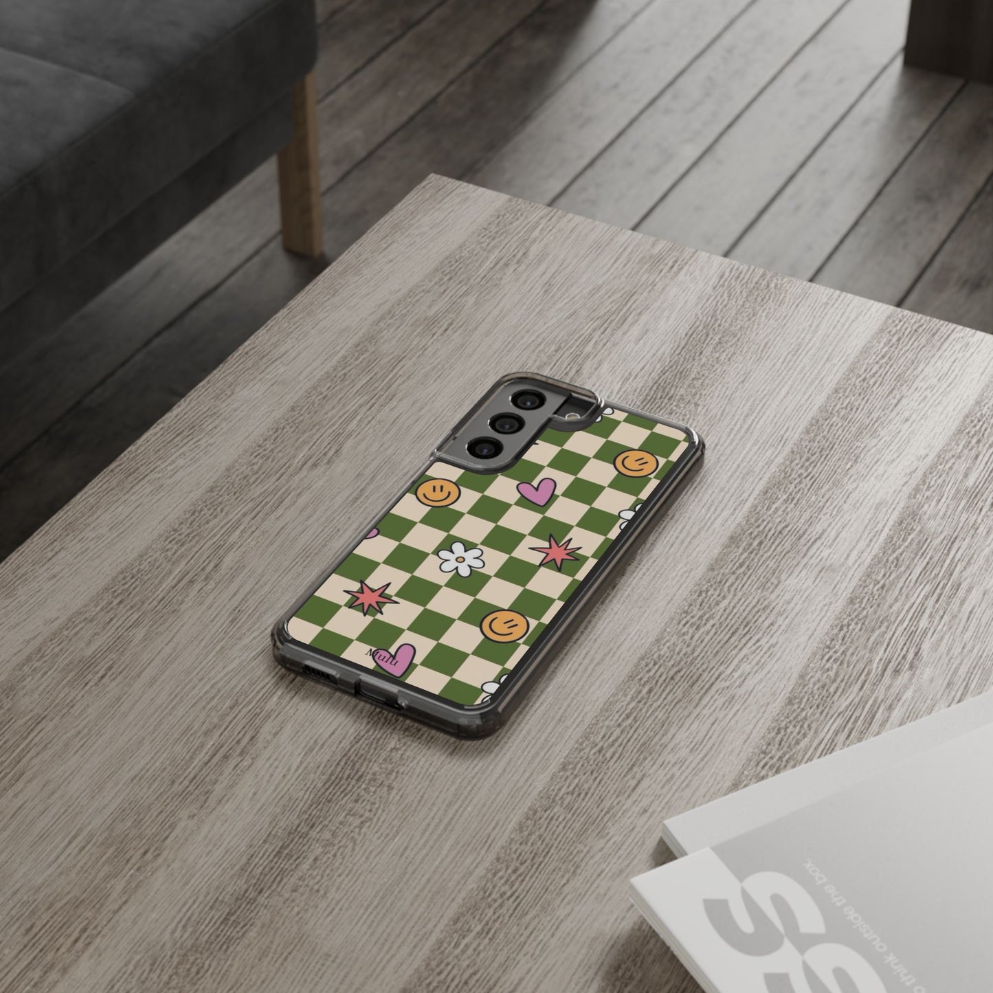Clear Impact-Resistant Case — Retro Green Checkerboard with Smiley, Hearts & Flowers