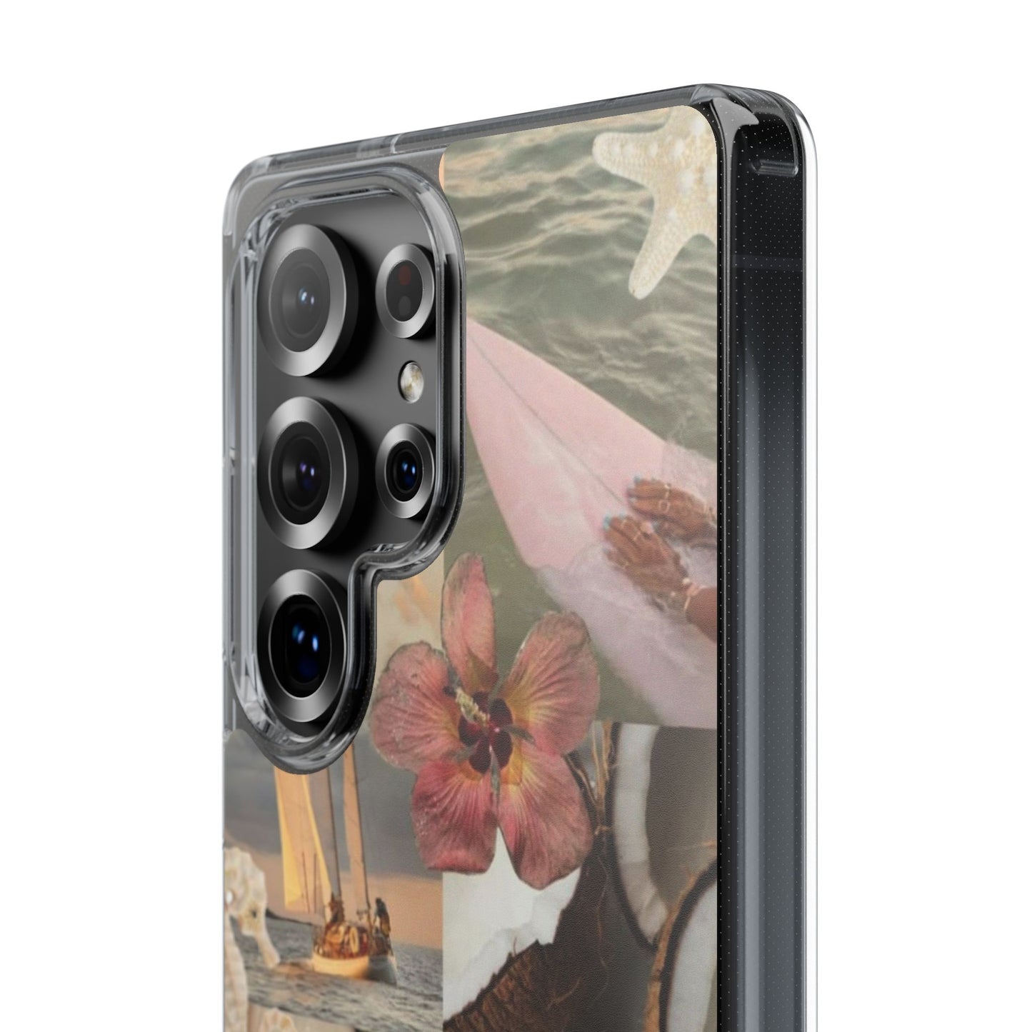 Clear Phone Case — Coastal Collage Shells & Surf Design