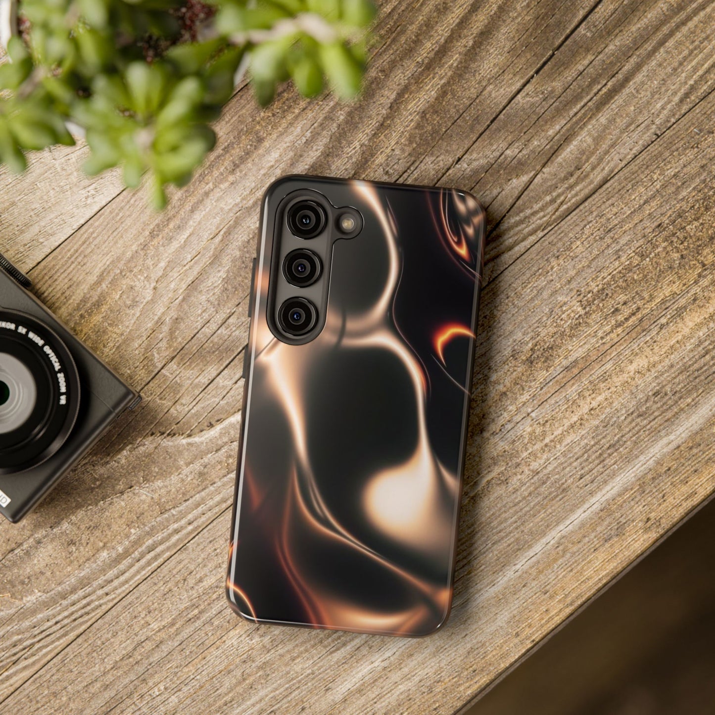 Abstract Liquid Glow Tough Phone Case — Black & Bronze Swirl Protective Cover