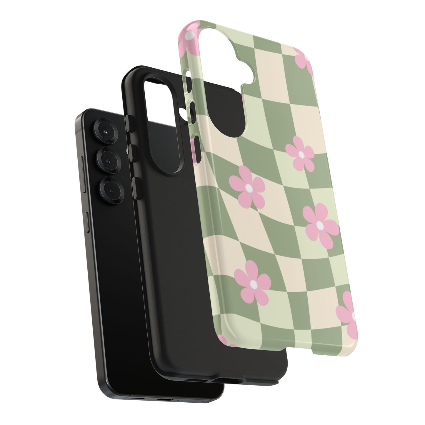 Tough Phone Case — Retro Green Checkerboard with Pink Flowers
