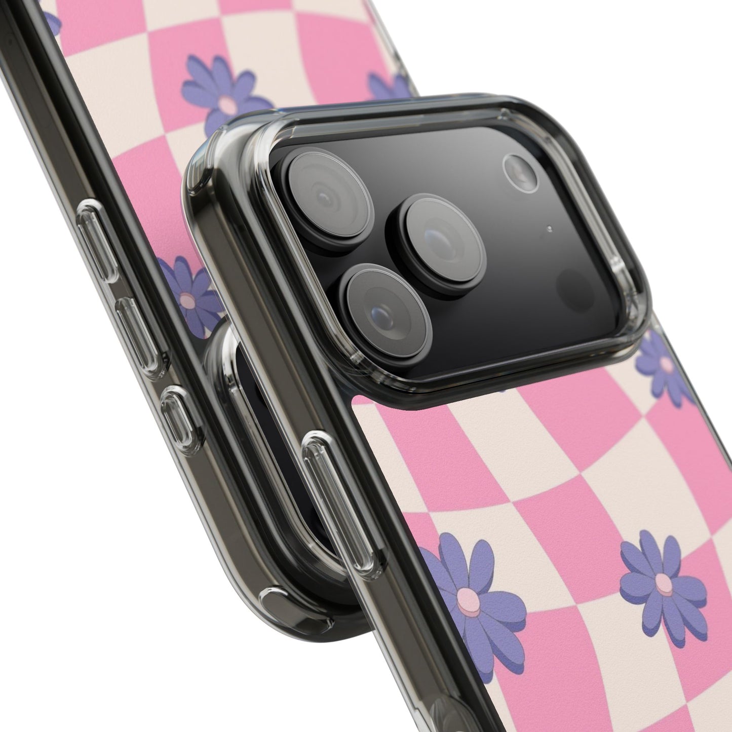 Clear Impact Phone Case — Pink Checkerboard with Purple Flowers